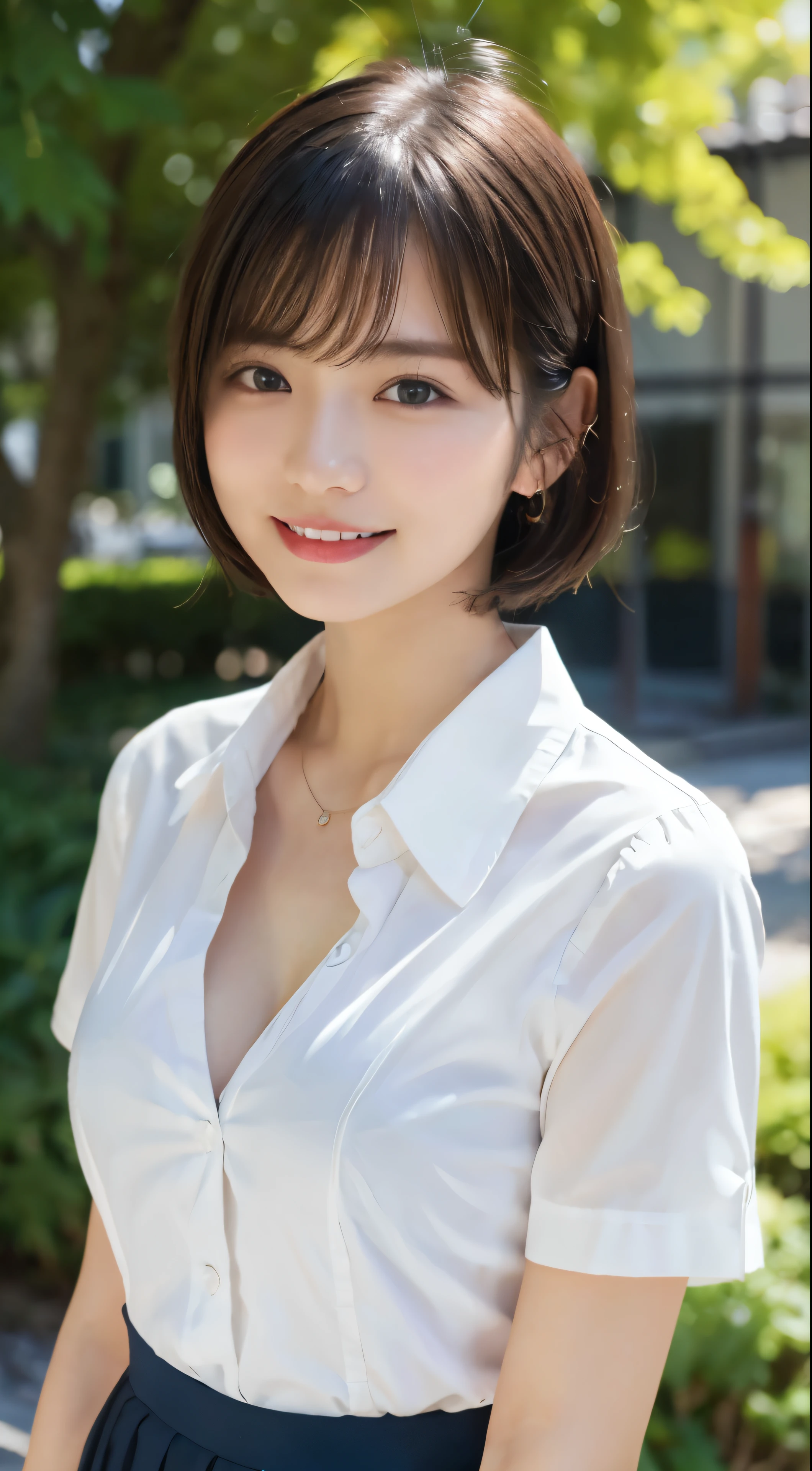 (highest quality,8K quality,masterpiece:1.3),(Ultra-high resolution,Photorealistic:1.4,RAW Photos),(Very detailed,Caustics,Detailed Background),(Ultra-Realistic Capture,Beautiful and detailed skin,Perfect Anatomy),Daytime,blue sky,garden,,Japanese Girls,cute,single eyelid,Black Hair,Short Bob,Bobcut,Show your ears,,Shirt blouse,Short sleeve,White blouse,Thin fabric,Cleavage,Big Breasts,Cleavage,Open the collar,No bra,Nipples are visible through the glass,Nipples,Looking at the camera,Laughter,Bust up shot,Photo from chest up,Front view,Natural soft light.No background,White background