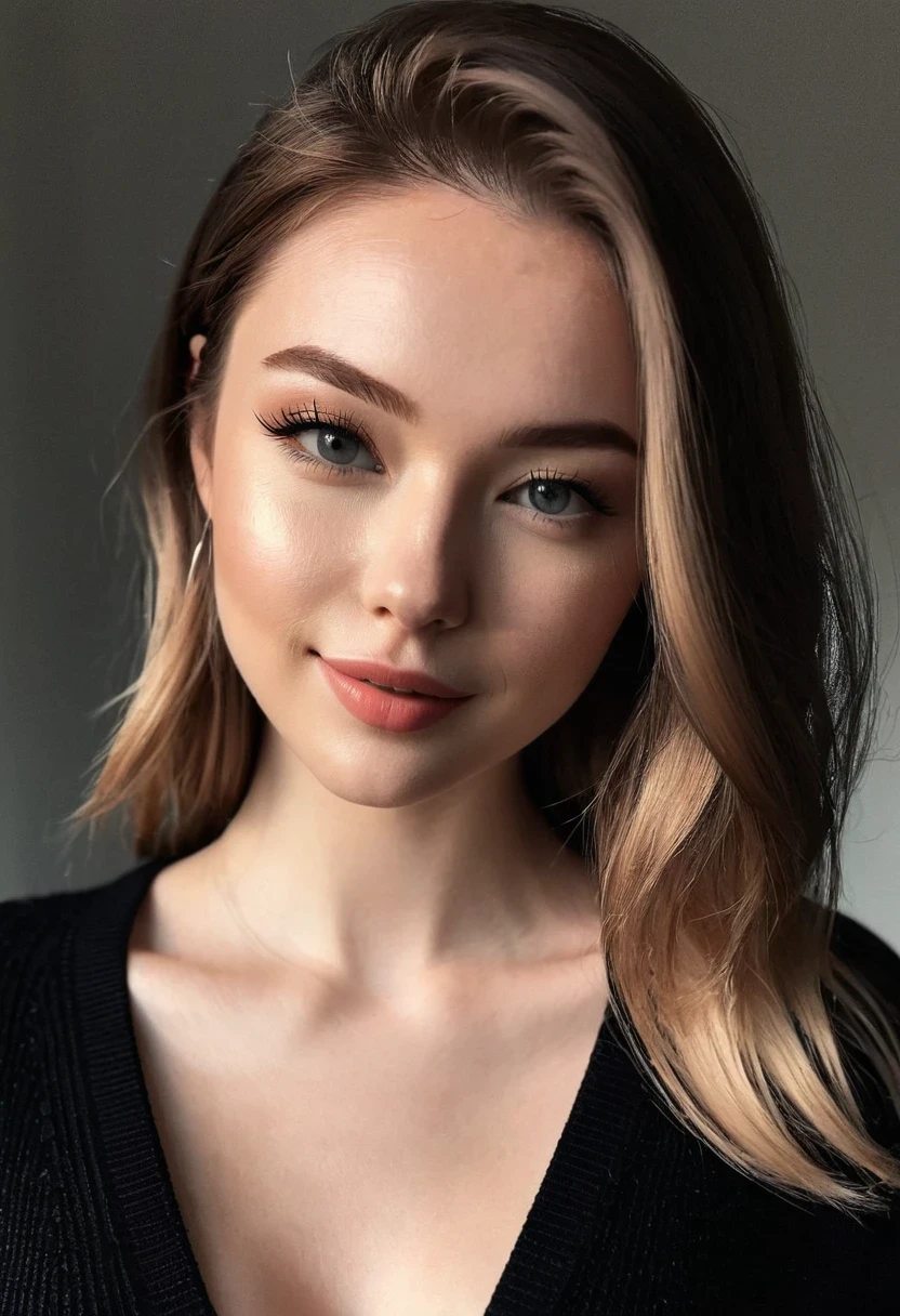 breathtaking instagram photo, photo of 23 y.o Chloe in black sweater, cleavage, pale skin, (smile:0.4), hard shadows . award-winning, professional, highly detailed