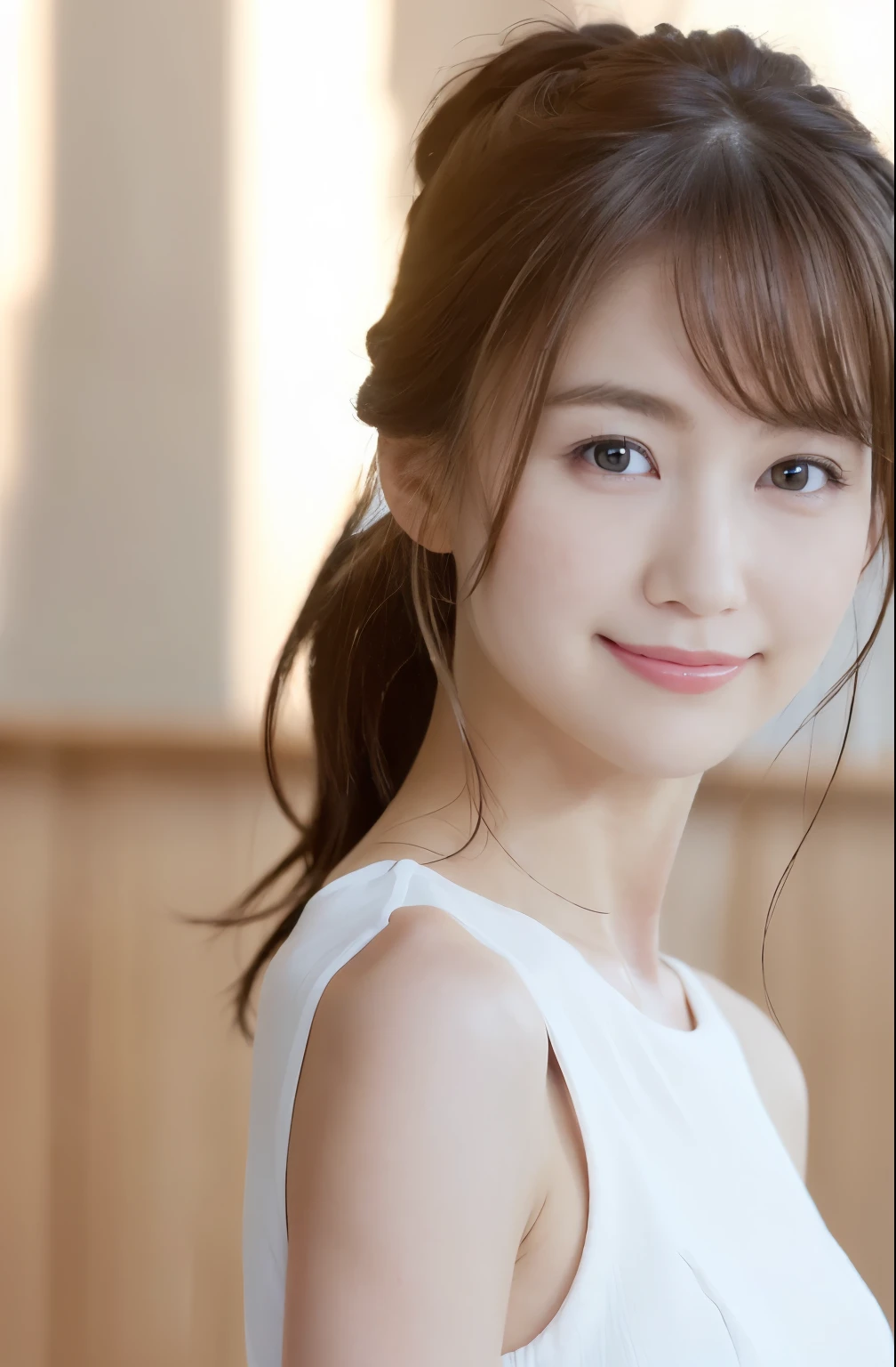 1woman, solo, close up, slender, white Brause and pink mini-skirt, soft smiling, (best quality,8k,highres,masterpiece:1.3), ultra-detailed, (realistic,photorealistic,photo-realistic:1.37), portrait, cinematic, warm lighting, medium format, golden hour, dramatic shadows, vibrant colors
