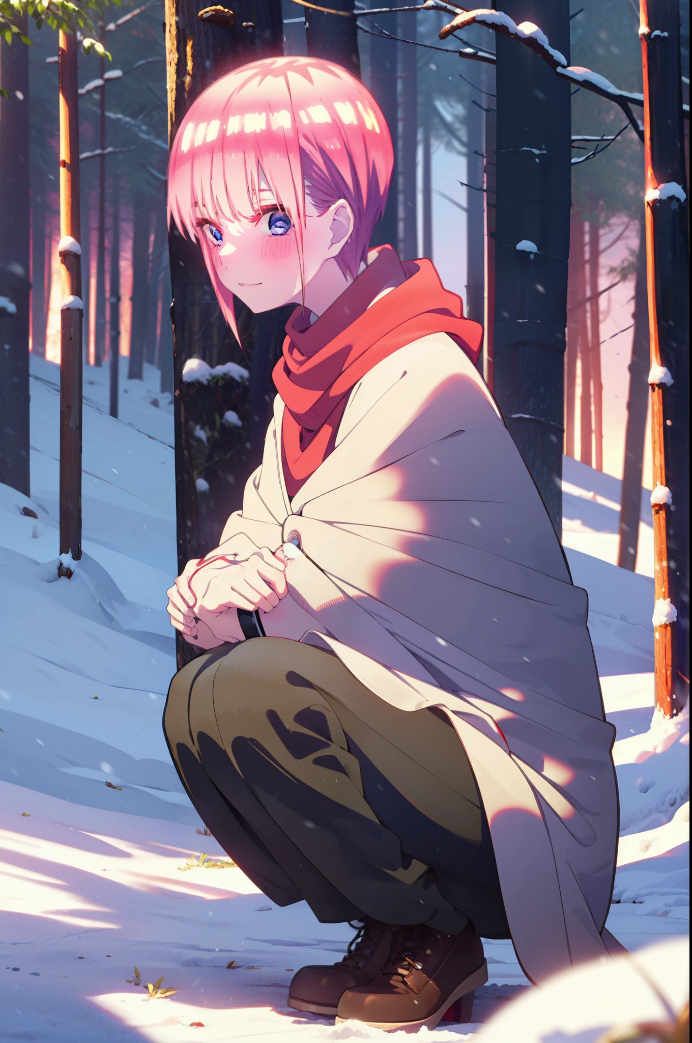 ichikanakano, ichika nakano, short hair, bangs, blue eyes, Hair between the eyes, smile,Pink Hair,smile,blush,White Breath,
Open your mouth,snow,Ground bonfire, Outdoor, boots, snowing, From the side, wood, suitcase, Cape, Blurred, Increase your meals, forest, White handbag, nature, Squat, Mouth closed, フードed Cape, winter, Written boundary depth, Black shoes, red Cape break looking at viewer, Upper Body, whole body, break Outdoor, forest, nature, break (masterpiece:1.2), highest quality, High resolution, unity 8k wallpaper, (shape:0.8), (Beautiful and beautiful eyes:1.6), Highly detailed face, Perfect lighting, Extremely detailed CG, (Perfect hands, Perfect Anatomy),