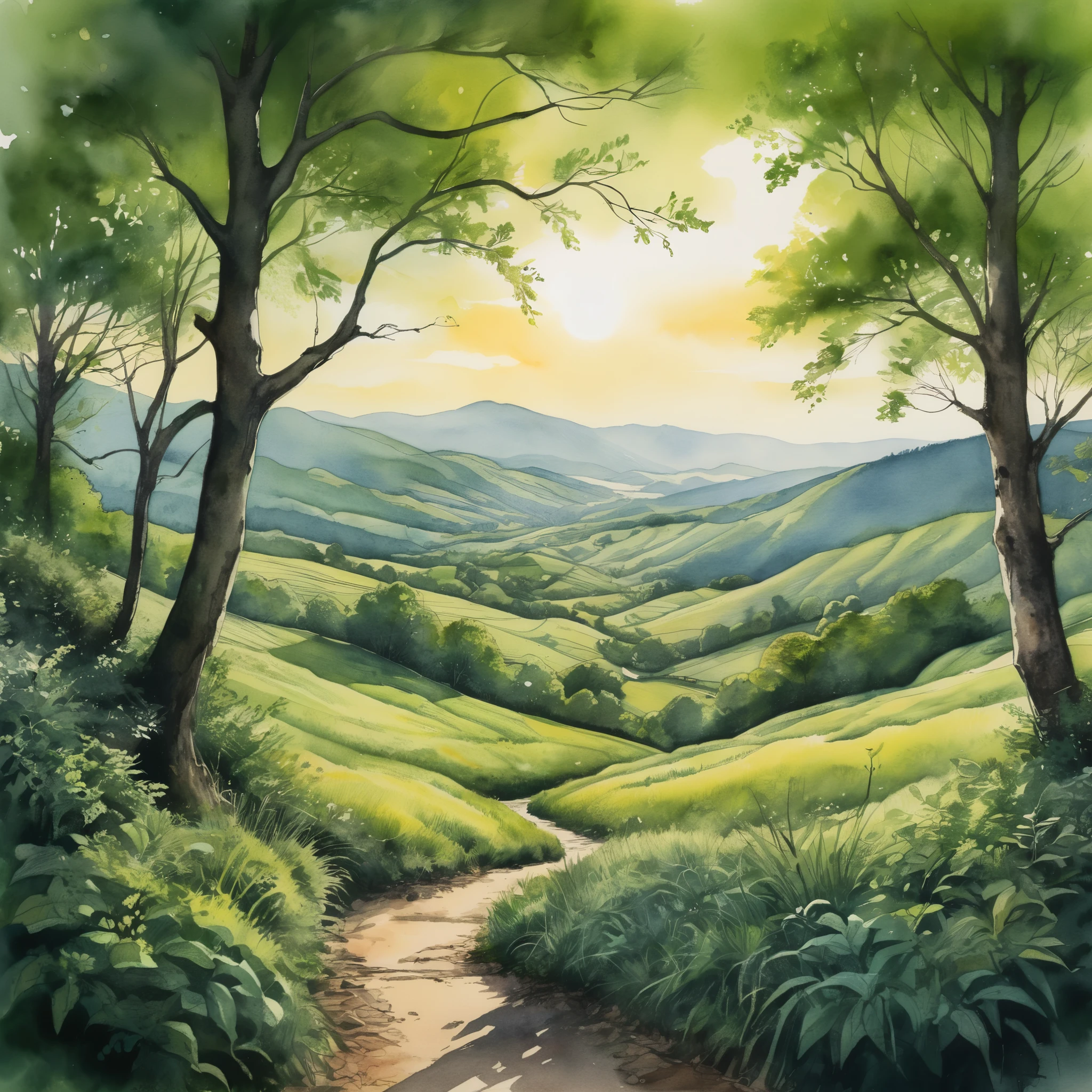 intricate ink drawing, watercolor washes, appalachian spring, lush green landscape, detailed foliage, rolling hills, natural light, vibrant colors, photorealistic, cinematic composition, beautiful scenery, stunning vista, atmospheric lighting, serene mood, peaceful ambience, high quality, masterpiece