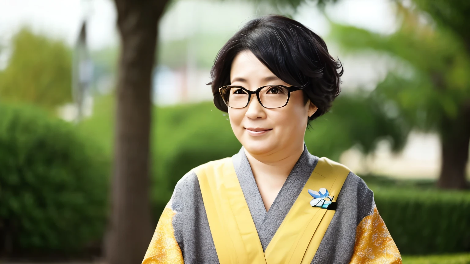 Create an avatar of a 50-year-old Japanese woman。Her hair is mostly black、There is a little bit of gray hair mixed in.。.、slightly wrinkled face。The eyes are round and round..、Wearing modern style glasses。Height is 155cm、Weight: 70kg、Obese。Wearing a spring-like colored kimono.、Look smart and professional。The pose is confident、With a calm expression。The background is a corner of the park.、