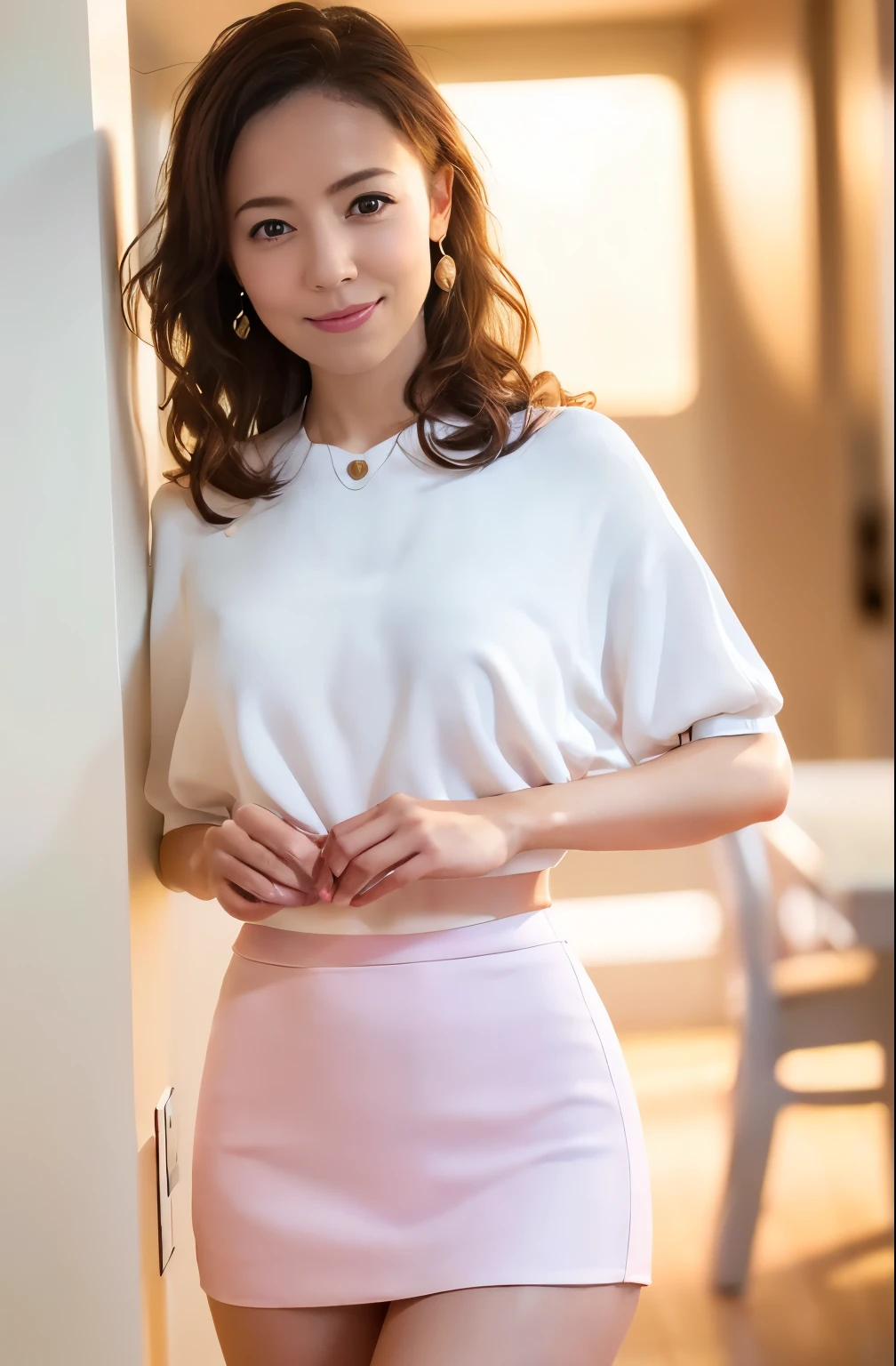 1woman, solo, close up, slender, white Brause and pink mini-skirt, soft smiling, (best quality,8k,highres,masterpiece:1.3), ultra-detailed, (realistic,photorealistic,photo-realistic:1.37), portrait, cinematic, warm lighting, medium format, golden hour, dramatic shadows, vibrant colors