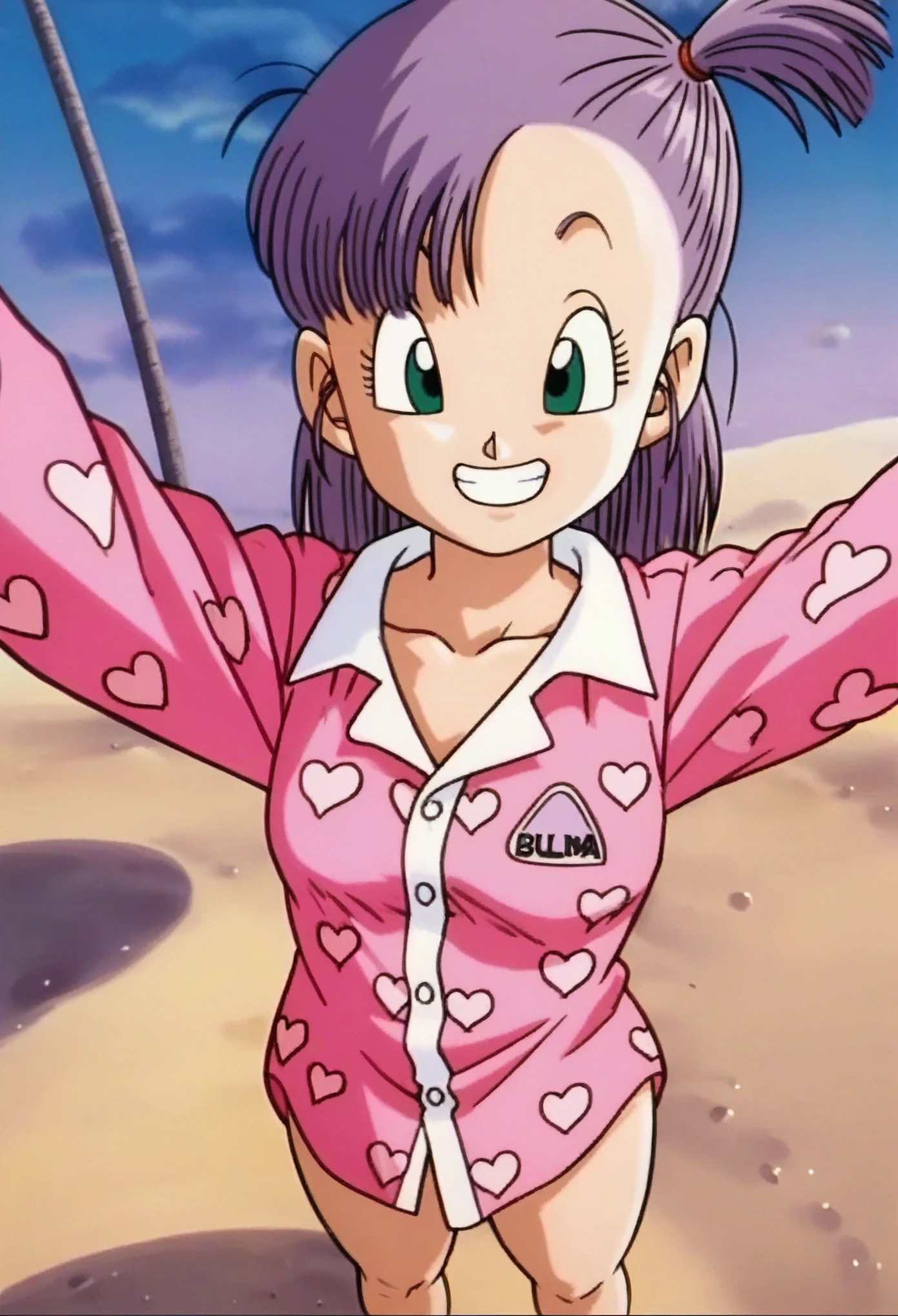 source_anime, score_9, score_8_up, score_7_up, anime screencap,
bulma, 1girl, solo, smile, smile, green eyes, purple hair, teeth, heart, outdoors, sky, cloud, tree, one side up, from above, pajamas, palm tree, heart print, pink pajamas, clothes writing, sand, bottomless, barefoot, selfie,
 