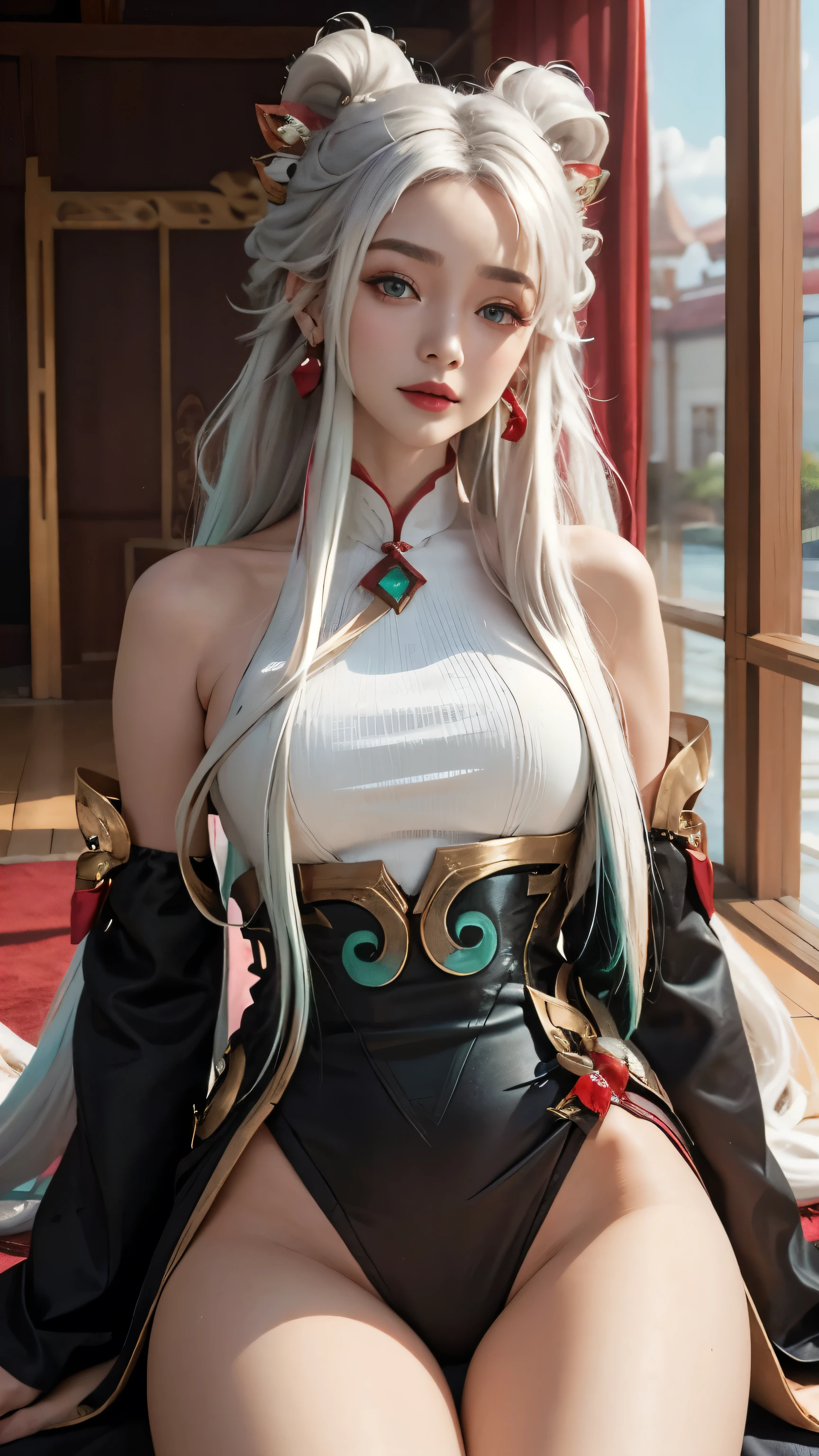 (masterpiece, best quality:1.2), intricate details, mythmaker irelia, 1girl, hair ornament, hair rings, bare shoulders, dress, detached sleeves, forehead mark, multicolored hair, white hair, earrings, green eyes, textured skin, looking at viewer, solo, light smile, (mature female:1.2),sexy pose