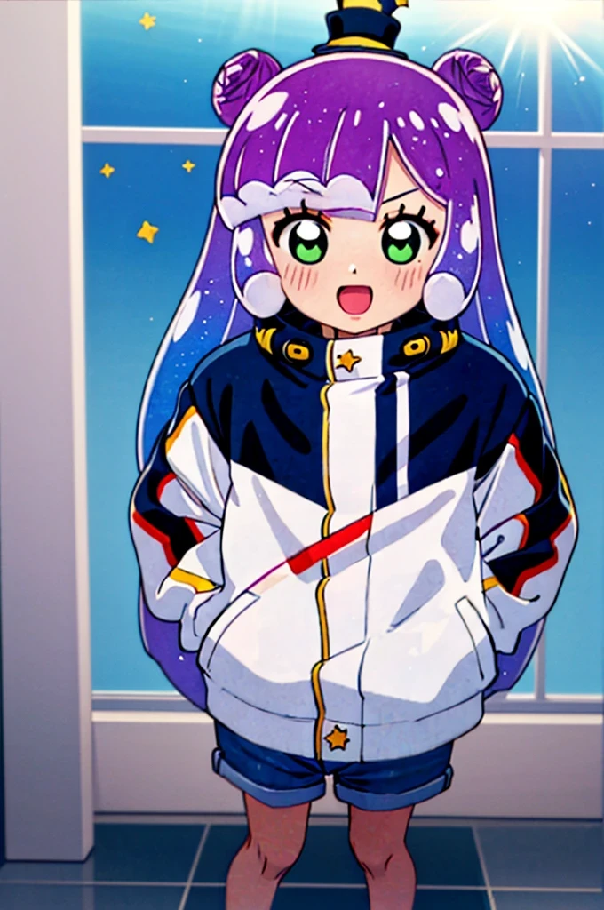 (masterpiece:1.3),(highest quality:1.4),(Very detailed:1.5),High resolution,Very delicate and beautiful,Official Art,Perfect Anatomy,Anime screenshots,Anime Coloring,8k,((alone:1.52)), 1990s \(style\),retro artstyle,(anmnr:1.1), ((puniru:1.52)),,,slime girl,light purple hair,long hair,grey gradient hair,multicolored hair,blunt bangs,double bun,blue hair,green eyes,star (symbol),mini top hat,jacket,shorts,sneakers,shoulder bag,puniru \(puniru wa kawaii slime\), puniru wa kawaii slime, gradient hair, bangs, green eyes,
(Shining Eyes),(Expressions of joy:1.51),Octane Rendering,Rainbow Paint Drops,Woman made of paint,Full Paint,(Movie Background),Splat,splash,Dark and blurry background,close,(Best writing, Very delicate and beautiful),Beautiful sparkle in every detail,(Soft Light:1.2),(Soft Money Tone Lighting),Warm and Soft Lighting,Dramatic Light,((Cinematic Light)),Ambient Occlusion,Zhou Xianguang,intense,Powerful,Absolutely eye-catching splashes of color,((caustic)),ray tracing reflection,The light shines,Waiting for happiness to begin,