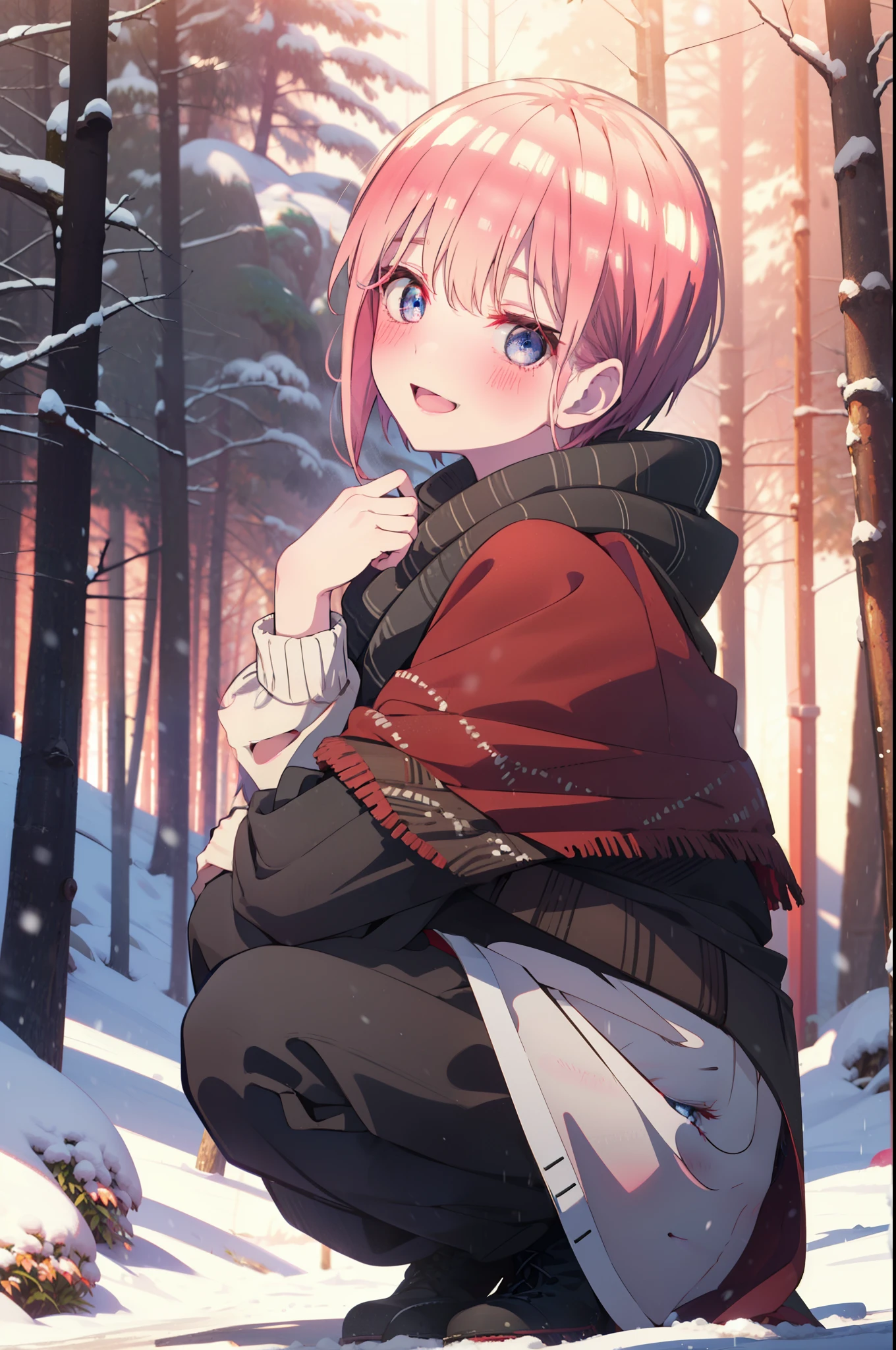 ichikanakano, ichika nakano, short hair, bangs, blue eyes, Hair between the eyes, smile,Pink Hair,smile,blush,White Breath,
Open your mouth,snow,Ground bonfire, Outdoor, boots, snowing, From the side, wood, suitcase, Cape, Blurred, Increase your meals, forest, White handbag, nature,  Squat, Mouth closed, フードed Cape, winter, Written boundary depth, Black shoes, red Cape break looking at viewer, Upper Body, whole body, break Outdoor, forest, nature, break (masterpiece:1.2), highest quality, High resolution, unity 8k wallpaper, (shape:0.8), (Beautiful and beautiful eyes:1.6), Highly detailed face, Perfect lighting, Extremely detailed CG, (Perfect hands, Perfect Anatomy),