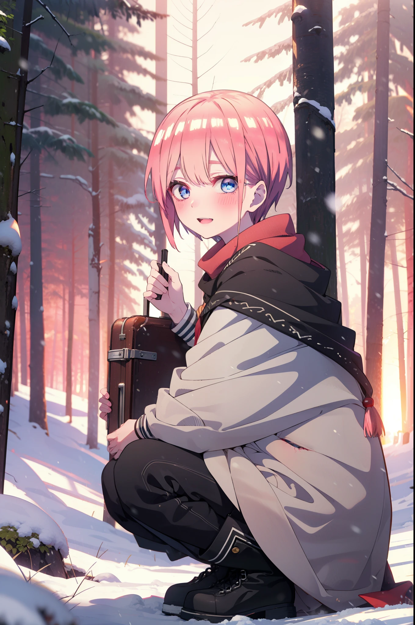 ichikanakano, ichika nakano, short hair, bangs, blue eyes, Hair between the eyes, smile,Pink Hair,smile,blush,White Breath,
Open your mouth,snow,Ground bonfire, Outdoor, boots, snowing, From the side, wood, suitcase, Cape, Blurred, Increase your meals, forest, White handbag, nature,  Squat, Mouth closed, フードed Cape, winter, Written boundary depth, Black shoes, red Cape break looking at viewer, Upper Body, whole body, break Outdoor, forest, nature, break (masterpiece:1.2), highest quality, High resolution, unity 8k wallpaper, (shape:0.8), (Beautiful and beautiful eyes:1.6), Highly detailed face, Perfect lighting, Extremely detailed CG, (Perfect hands, Perfect Anatomy),