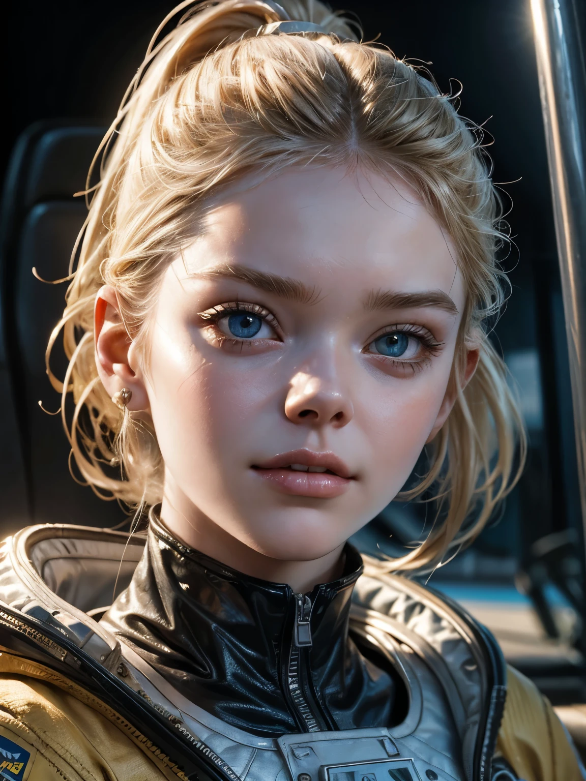 A photorealistic extreme close-up portrait of a young Elle Fanning, twenty five years old, looking directly at the viewer, looking squarely at viewer, wide jaw, strong chin, closeup, close-up, with light makeup, Extremely detailed eyes, blonde hair tied in a ponytail, hair framing face, cheeky smile, one eyebrow raised, A detailed symmetrical realistic face, wearing a bulky NASA spacesuit with locking collar, highly detailed natural texture, master piece, absurdes, extremely detailed, astonishing, fine detail, couleurs riches, hyper realistic texture, dramatic lighting