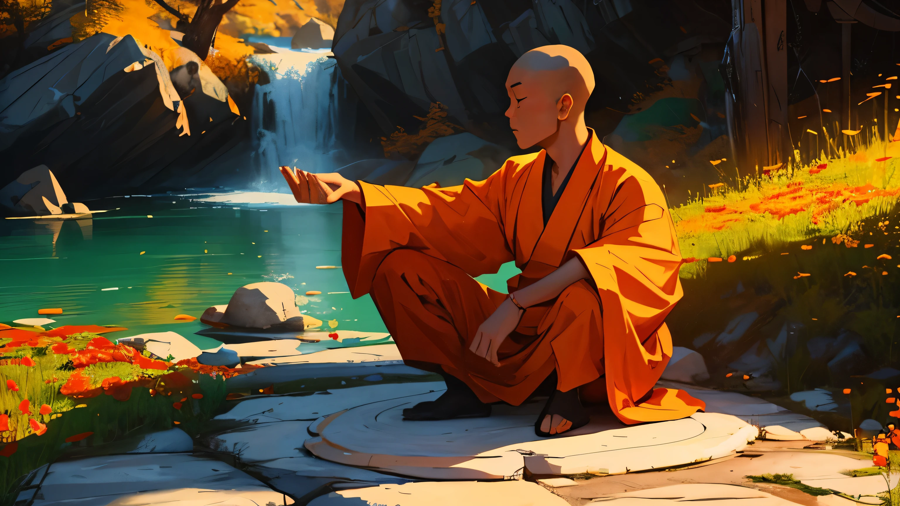 photo of a shaolin monk meditating in the Chinese mountains, the monk is wearing a traditional orange shaolin robe, he is meditating on the floor, image with bright and striking colors, in the image flowers fall from the sky, there are rays of sun