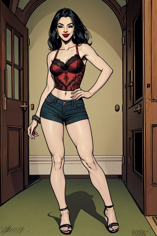 (full body:1.4).  Beautiful 24 yo woman of Irish descent. athletic figure,(pale:1.4)complexion. raven black hair, green eyes, cute butt, nice legs. Kind eyes,(joy:1.3),(smile:1.2). Red lipstick, sheer lace top, skinny jeans, sandals. Flirty.