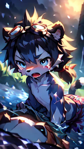 Roll your eyes，Eyes facing up，Furry Shota, young, Wolf, Black Hair, Long Spiky Ponytail, blue eyes, Detailed body fur, ((Blue Hawaiian shirt, Undress, Black swimming trunks, goggles)), masterpiece, Watching you, Fangs, Transparent gray body hair, Delicate face, Big eyebrows, Delicateeyes, Detailed body, Detailed body fur, Detailed hands, Flat body, Glittering body, Shiny body, Skinny, Uncomfortable expression， open mouth, Watching you, The whole scene sparkles, Snow Forest, sleet, Ice Pellets, Punch act, Action poses,, , whole body, The foot has three toes, Hold，Someone is lying behind，Hug from behind，Someone is behind，There are people on the back，man,White Tiger,Light blue tiger pattern,difficult,Serious expression,White bandage on the arm,Strange eyes,Long hair,naked,,Clear ergonomics,pain,oral,oral,Close your eyes,,As,Slobber,Lying down,Tears,Roof background,Doggy Style,bright灯光,bright atmosphere,bright,