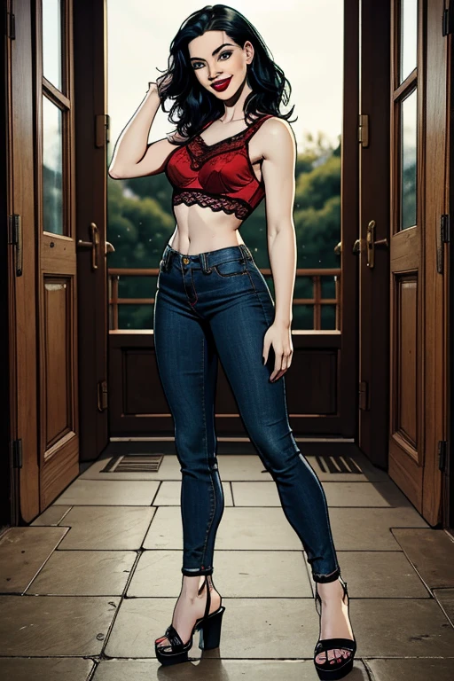 Beautiful 24 yo woman of Irish descent. athletic figure,(pale:1.4)complexion. raven black hair, green eyes, cute butt, nice legs. Kind eyes,(joy:1.3),(smile:1.2). Red lipstick, sheer lace top, skinny jeans, sandals. Flirty.