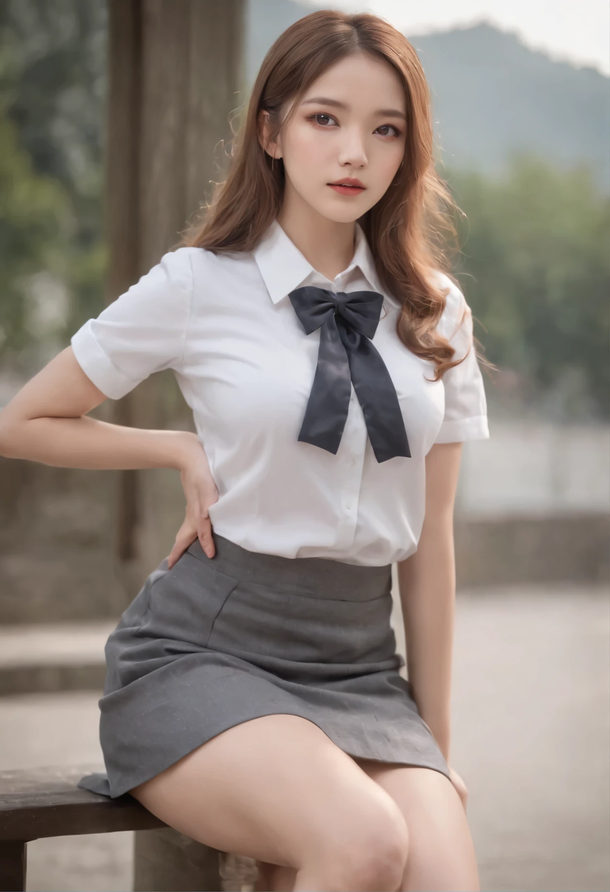 ((best quality,4k,High resolution,masterpiece:1.2)),((Character Concept Art)), 1 female, Adolescent females, Hot high school girl, ((Long hair dyed brown or blonde)), Hairstyles with Multiple Accessories, (Tan skin), Extremely fine eyes (Decorative contact lenses), fashionable, Outgoing, Socially active, slim body, ((Intricate details)), Very delicate hands, Extremely fine fingers(((Ten fingers))), Wearing a white short-sleeved school uniform shirt,bow tie, Gray school skirt, knee high school socks, and black school loafers., Heavy makeup, (casually standing), (Full body display), (revealing the whole body), (No logos on background), (No logo), ((Solid color background)), ((Solid color background)), (((Empty background)))