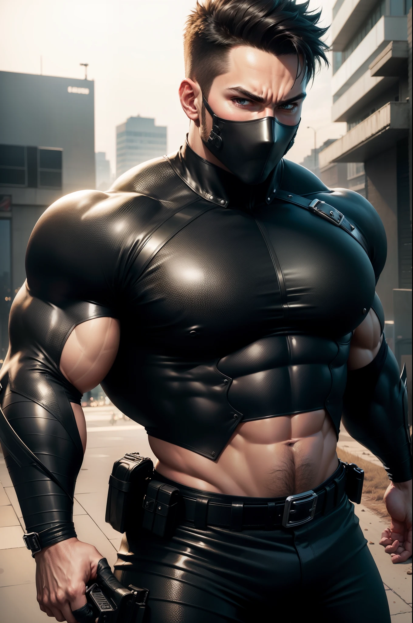 ((realistic: 1.5)),((best quality)), ((masterpiece)),((detailed)), male ninja, Vigilante, Caucasian American, handsome, photorealistic face,short hair, attack position, ninja vigilante tactical superhero outfit, katana on the back,wearing shiny black rubber suit, leather gloves,crop top shirt, abdominal muscles visible,chest visible, just outside of the city with evening cityscape in the background, huge biceps, huge muscles, muscular big body, wearing tight black rubber pants, no belt