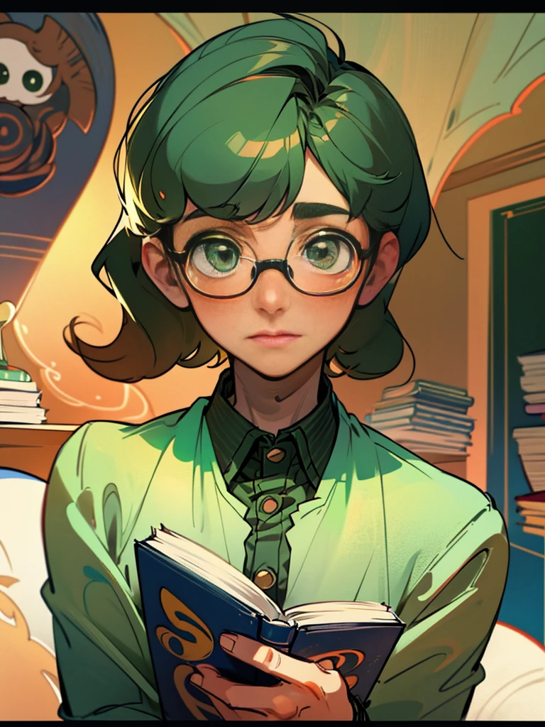 Cute, nerdy boy, delicate face, beautiful face, shy expression and flushed cheeks, green eyes, delicate mouth, delicate body. He's wearing round glasses, nerdy clothes, holding books. Scene, teenager's room.