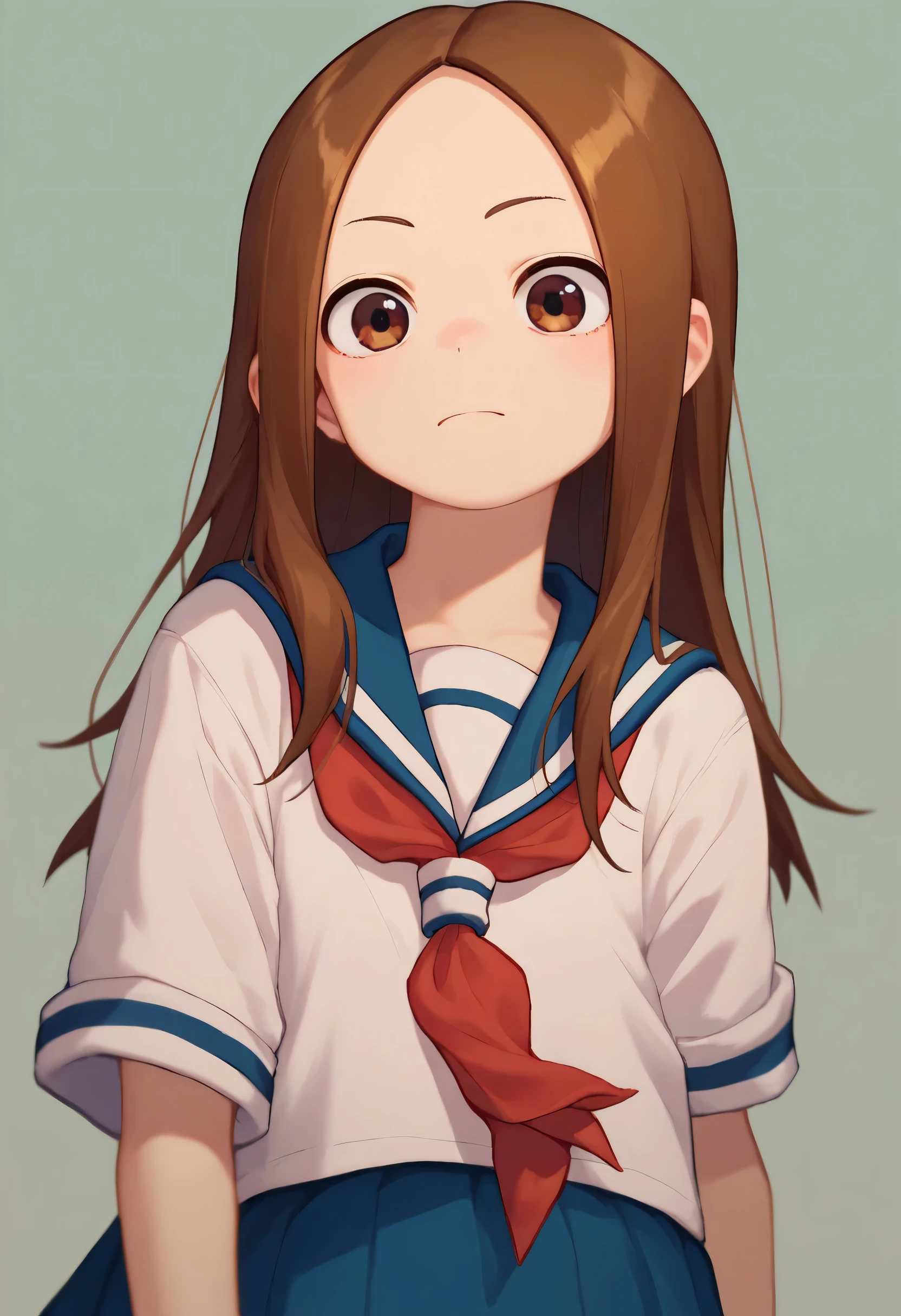 score_9, score_8_up, score_7_up, 1girl, solo,  Takagi, brown hair, brown eyes, long hair, white serafuku,  blue stripes, blue skirt, red necktie