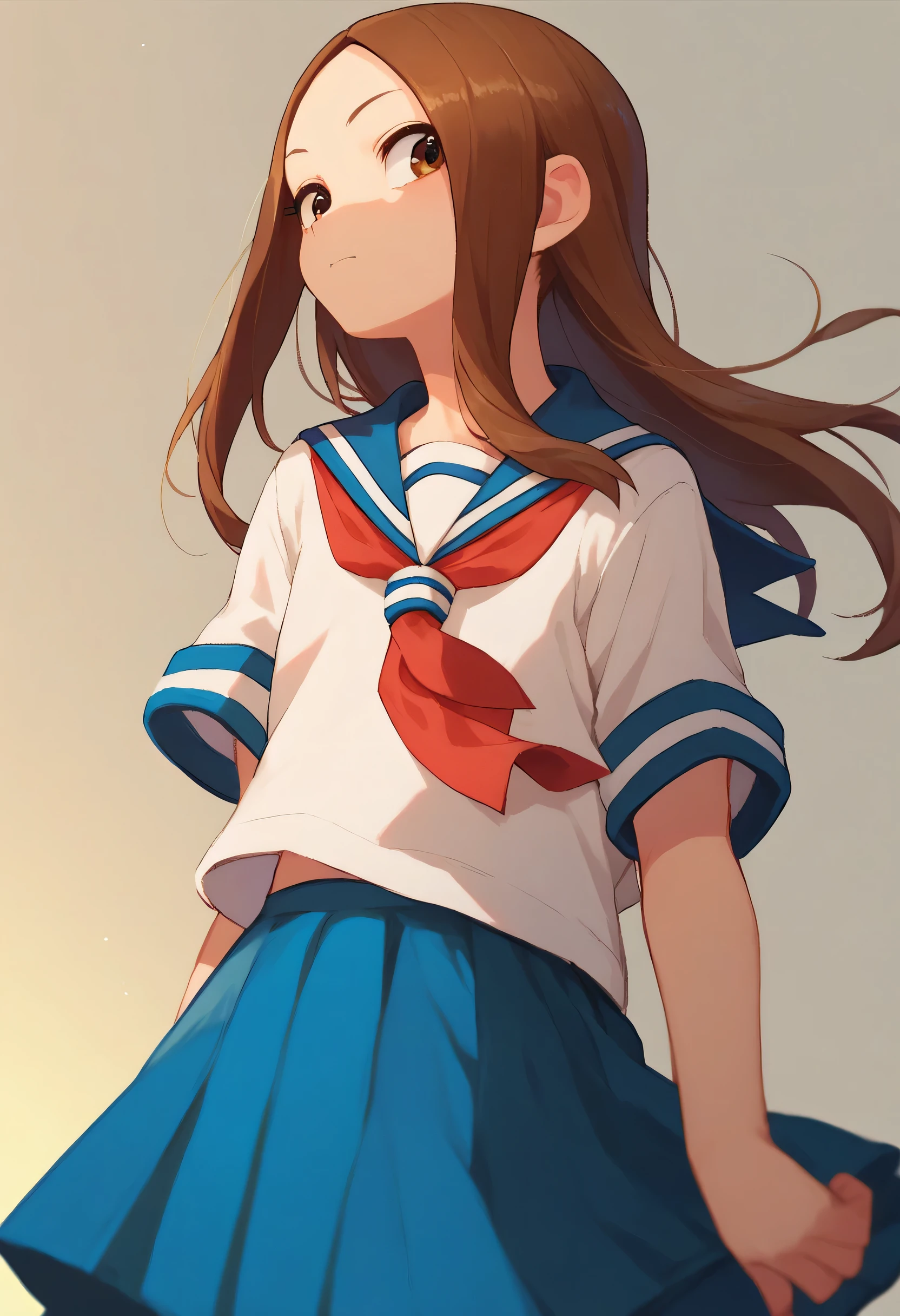 score_9, score_8_up, score_7_up, 1girl, solo,  Takagi, brown hair, brown eyes, long hair, white serafuku,  blue stripes, blue skirt, red necktie