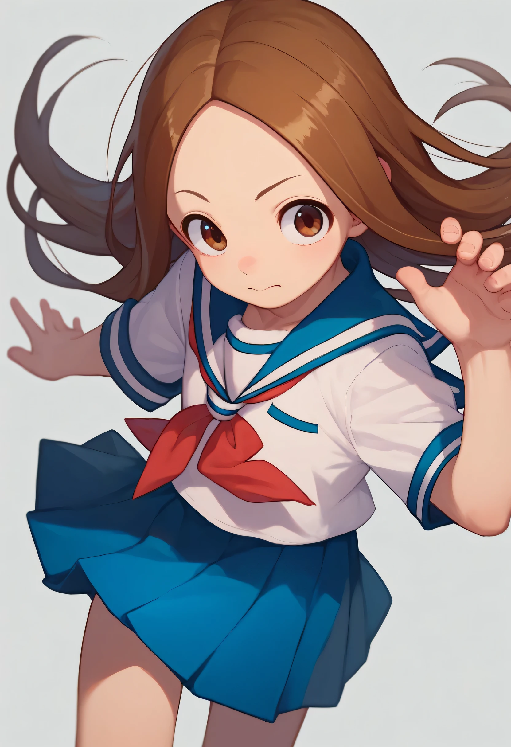 score_9, score_8_up, score_7_up, 1girl, solo,  Takagi, brown hair, brown eyes, long hair, white serafuku,  blue stripes, blue skirt, red necktie