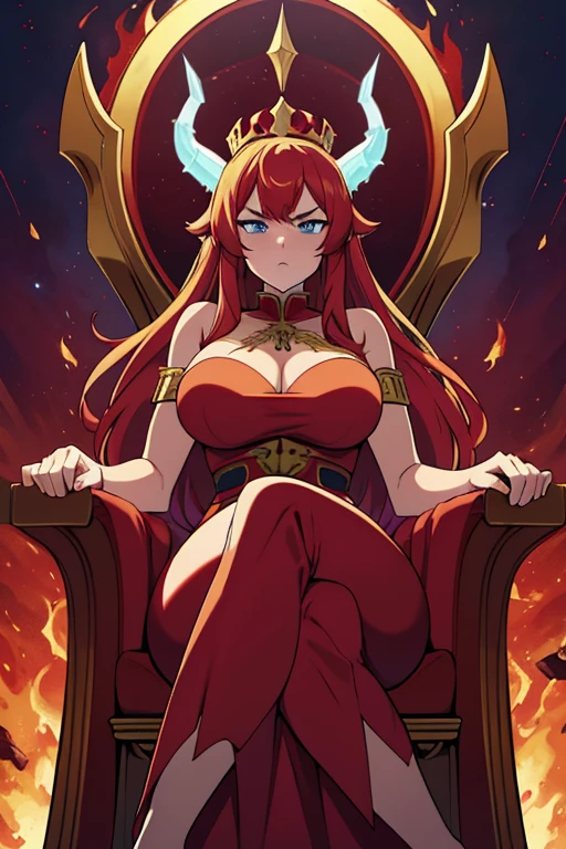 -artwork- -4k- -high quality- a completely white entity, fiery red hair, light blue eyes, no human features, sexy female body, big breasts, big butt, big waist, red horns, red and purple tunic dress demonic, long white pants, a golden crown, serious and intimidating expression, sitting with an intimidating pose on a throne in hell
