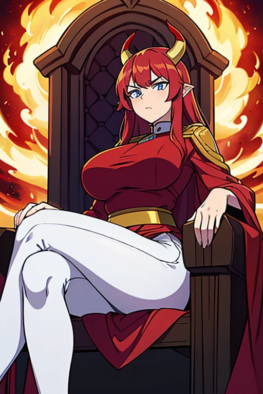 -artwork- -4k- -high quality- a completely white entity, fiery red hair, light blue eyes, no human features, sexy female body, big breasts, big butt, big waist, red horns, red and purple tunic dress demonic, long white pants, a golden crown, serious and intimidating expression, sitting with an intimidating pose on a throne in hell
