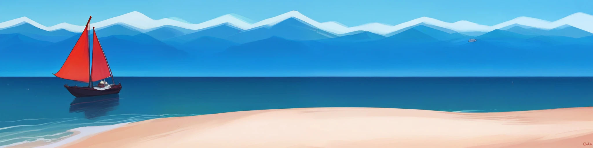 Score_9, score_8_up, score_7_up , score_anime,((sea)), ((sand)), boat with red sails , ((blurry snowy mountains on the horizon))