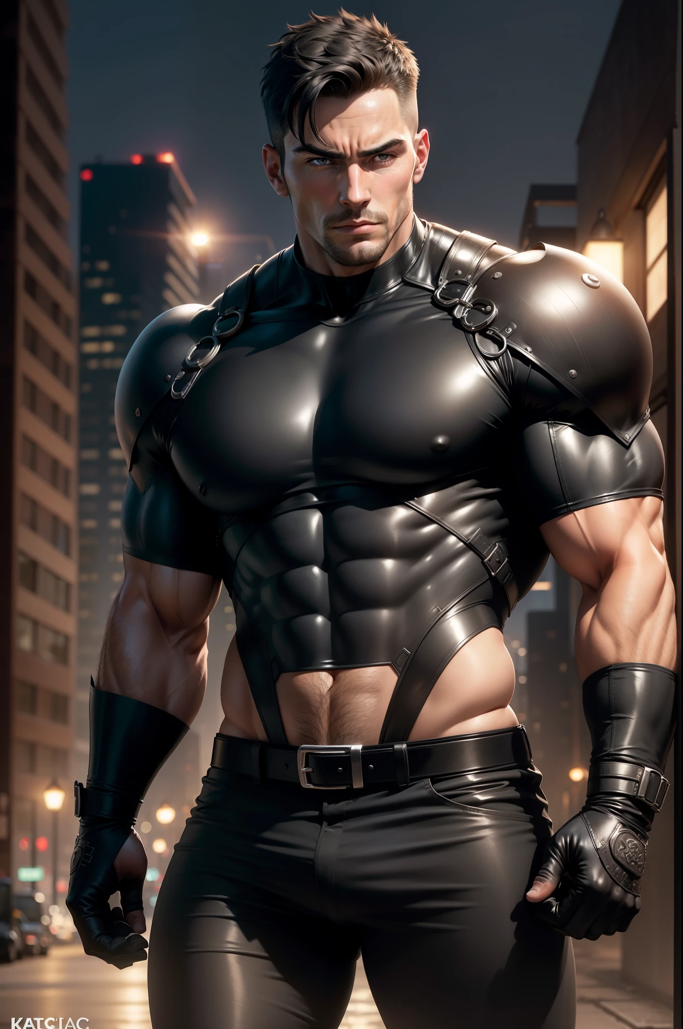 ((realistic: 1.5)),((best quality)), ((masterpiece)),((detailed)), male ninja, Vigilante, Caucasian American, handsome, photorealistic face,short hair, attack position, ninja vigilante tactical superhero outfit, katana on the back,wearing shiny black rubber suit, leather gloves,crop top shirt, abdominal muscles visible,chest visible, just outside of the city with evening cityscape in the background, huge biceps, huge muscles, muscular big body, wearing tight black rubber pants, no belt