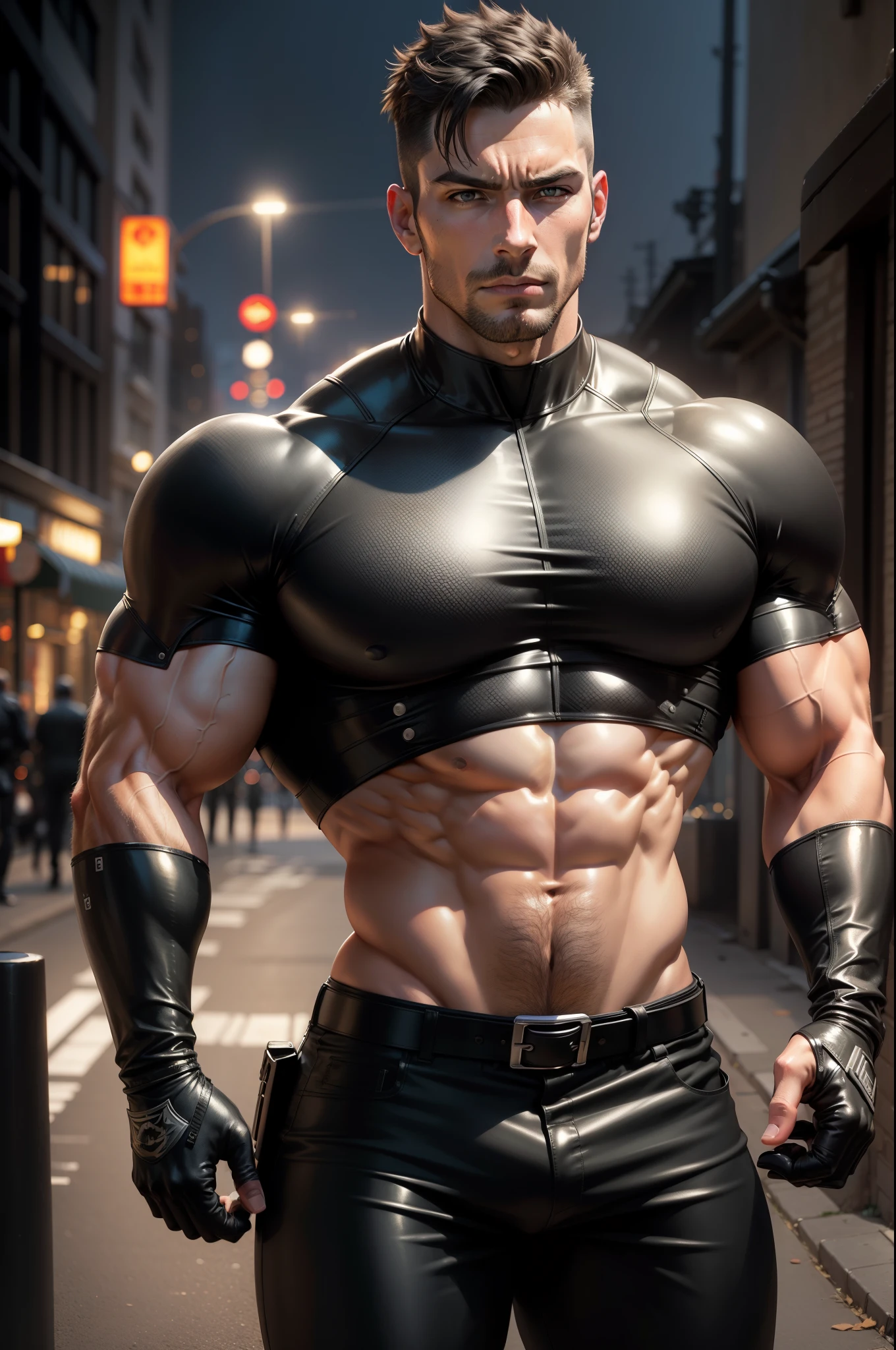 ((realistic: 1.5)),((best quality)), ((masterpiece)),((detailed)), male ninja, Vigilante, Caucasian American, handsome, photorealistic face,short hair, attack position, ninja vigilante tactical superhero outfit, katana on the back,wearing shiny black rubber suit, leather gloves,crop top shirt, abdominal muscles visible,chest visible, just outside of the city with evening cityscape in the background, huge biceps, huge muscles, muscular big body, wearing tight black rubber pants, no belt