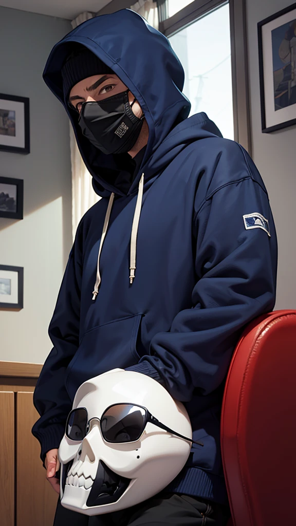 indoor,A man 35 yr,Wear a navy hoodie,A sweatshirt hat on his head,He also wore black sunglasses and a mask on his face