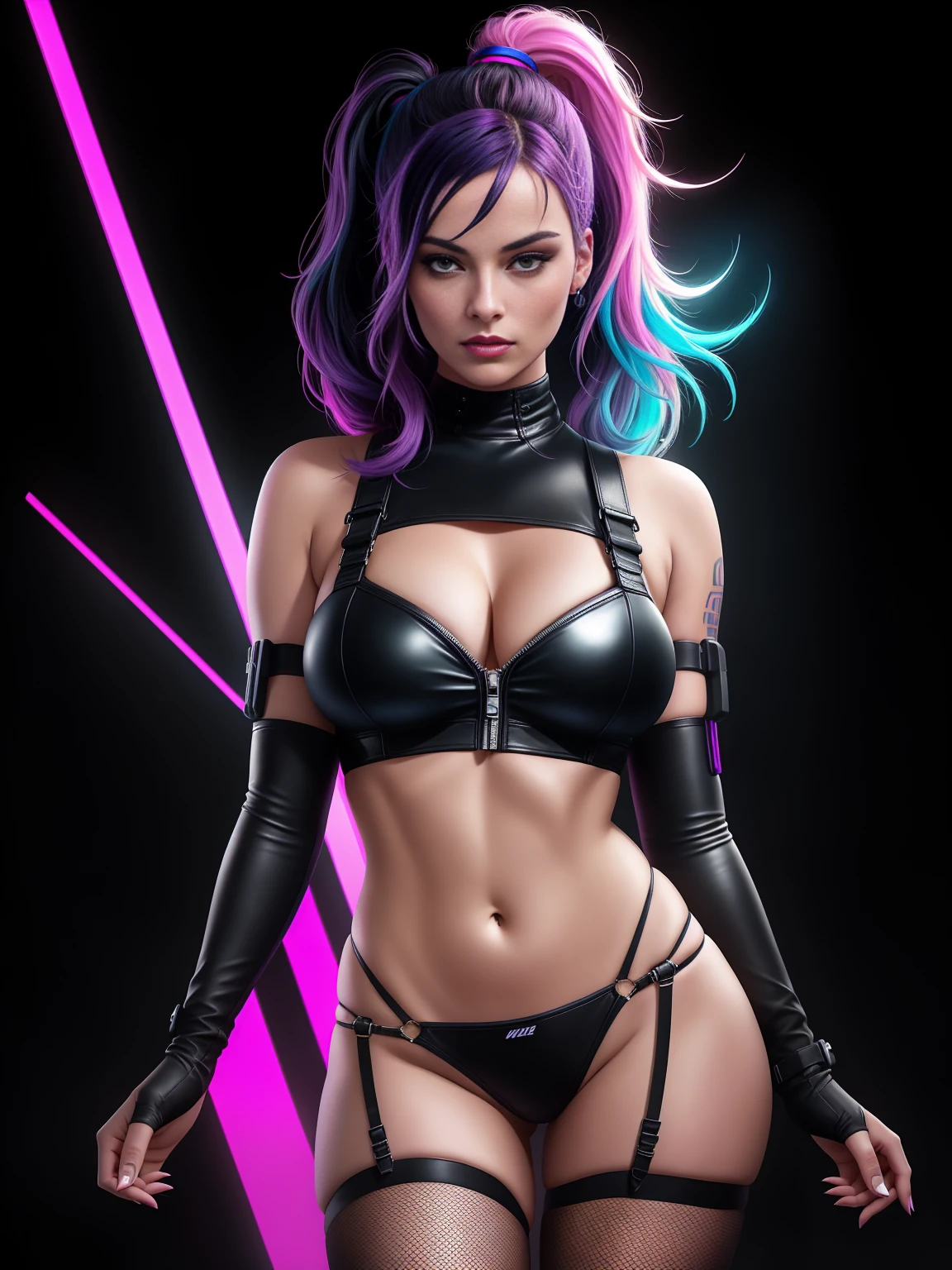 there is Margot Robbie, navy blue and bright purple neon streaked hair, hair in pony tail, 3 d neon art of a womans body, neon-noir background, cyberpunk femme fatale, seductive cyberpunk dark fantasy, cyberpunk strip clubs, cyberpunk 20 y. o model girl, oppai cyberpunk, banner, high definition cgsociety, cgsociety masterpiece, trending on cgstation, kda, random hair, looking at camera, gigantic breasts, cleavage, (high detailed skin:1.2), 8k uhd, dslr, super lighting, high quality, film grain, high res, highly detailed, hyper realistic, beautiful face, beautiful body, beautiful eyes nose lips, alluring expression, very bold, upper  visible, full body photo, standing legs apart, pale translucent glowing skin, most beautiful face, cute, (well defined pubic hair:1.2)), (dark plain black background:1.4))