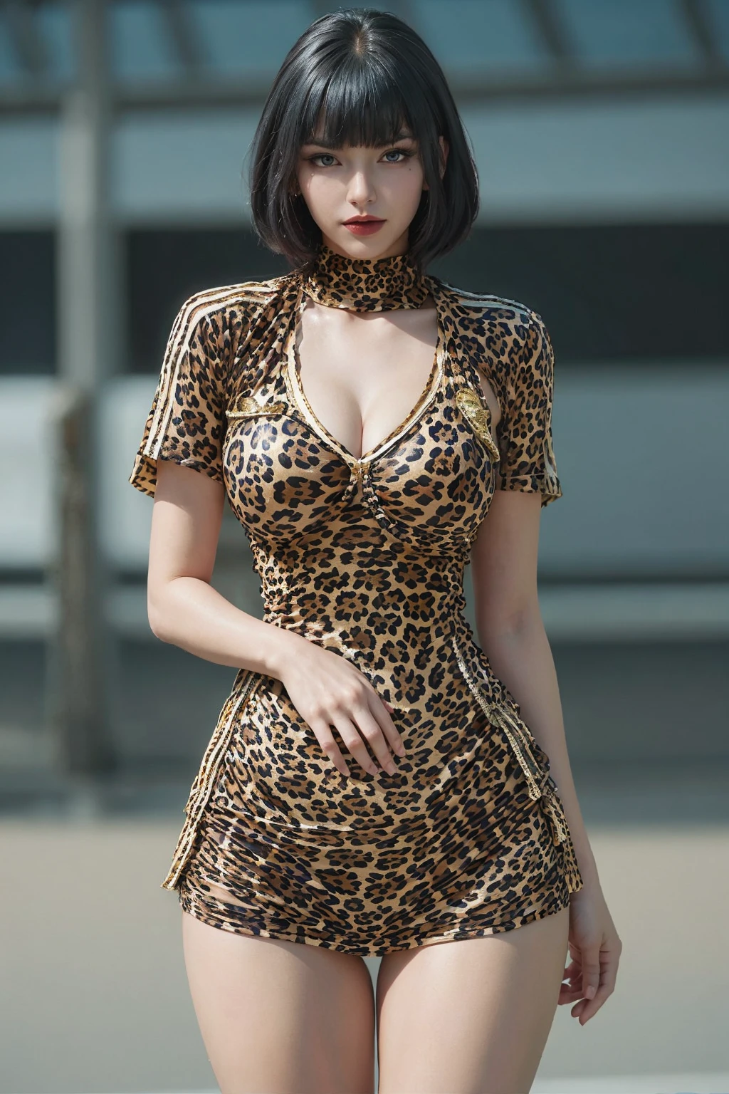 best quality,HDR,UHD,8K,Vivid Colors,solo,photo_,(1girl:1.3),(standing:1.3),(looking at viewer:1.4),Elegant,detailed gorgeous face,mountain background,(cowboy shot:1.2),mountain,
<lora:add_detail:0.7>,<lora:rc86:0.75>, rc,leopard print,cleavage,