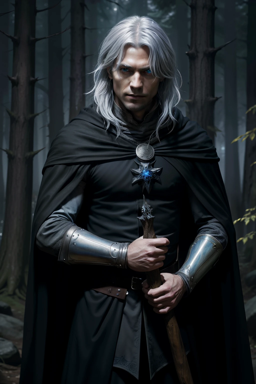 1male, medieval fantasy, beautiful, depressed, silver hair, blue eyes, detailed eyes, (rogue mage, black cloak), (dark sorcerer,), alone in a dark forest, medieval fantasy, close up, ((best quality)), ((masterpiece)), (detailed), perfect face
