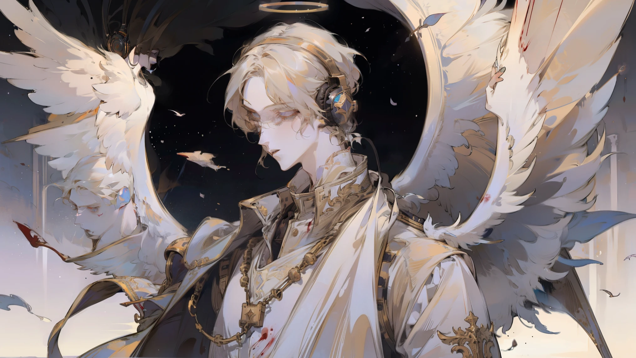 1male, solo, wearing headphones, he is floating, innocent, angel, halo over head, blood on wings, angelic detailed clothing, scales of justice in background, light colors