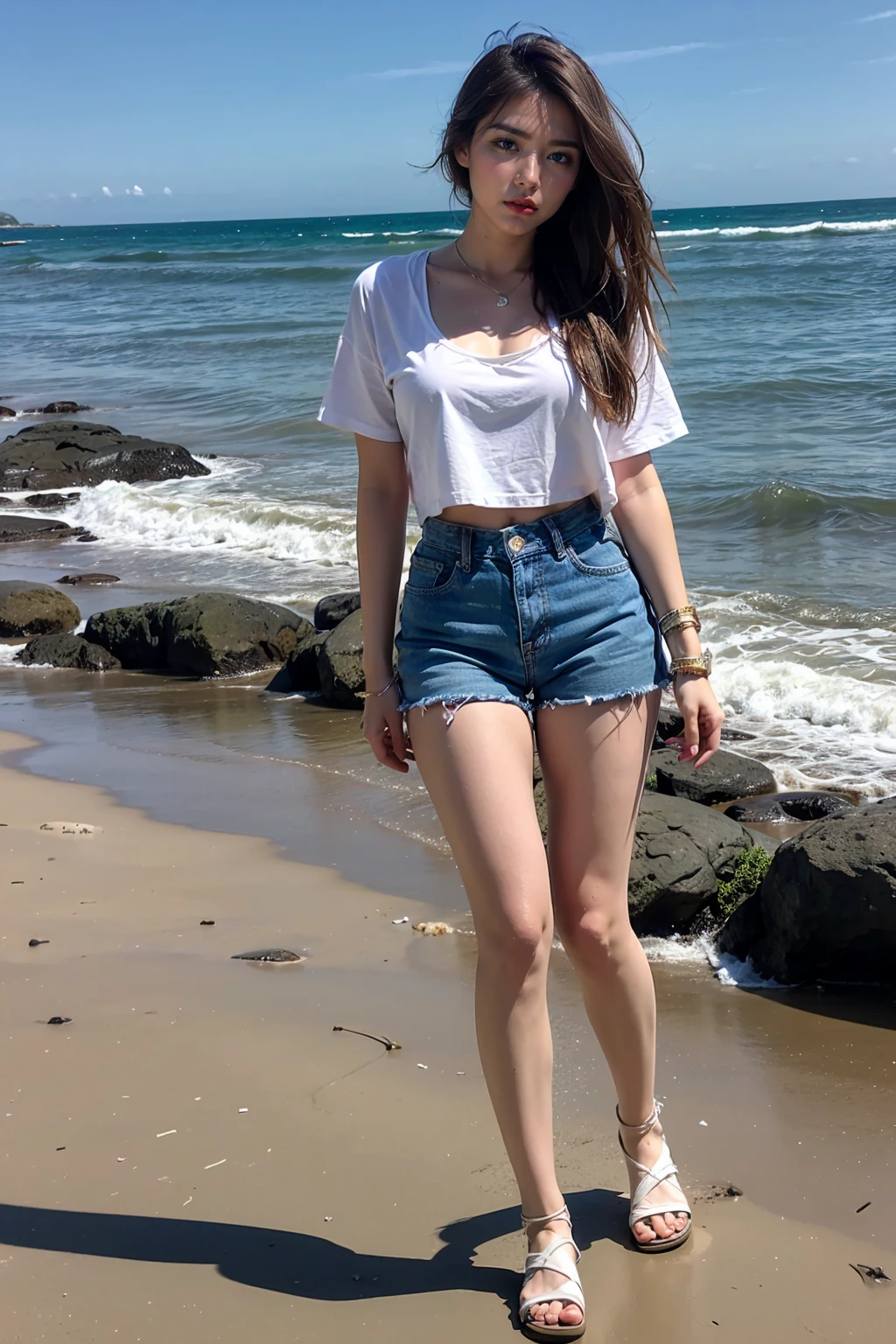 Full-body:1.2, 1girl, beach background, modern Wear