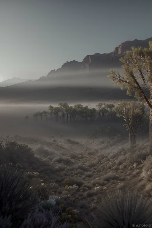 Create a desert landscape of valleys and mountains., Shrouded in thick fog, with little sunlight, with twisted trees and thick trunks, and the undergrowth resembles grass and grass, in an ultra-realistic landscape, with dead flowers, 4K, cinematic lighting, daylight, Granularity, cinematic lighting, high detail, Photorealistic, Photorealisticistic, volumetric lighting and shading  