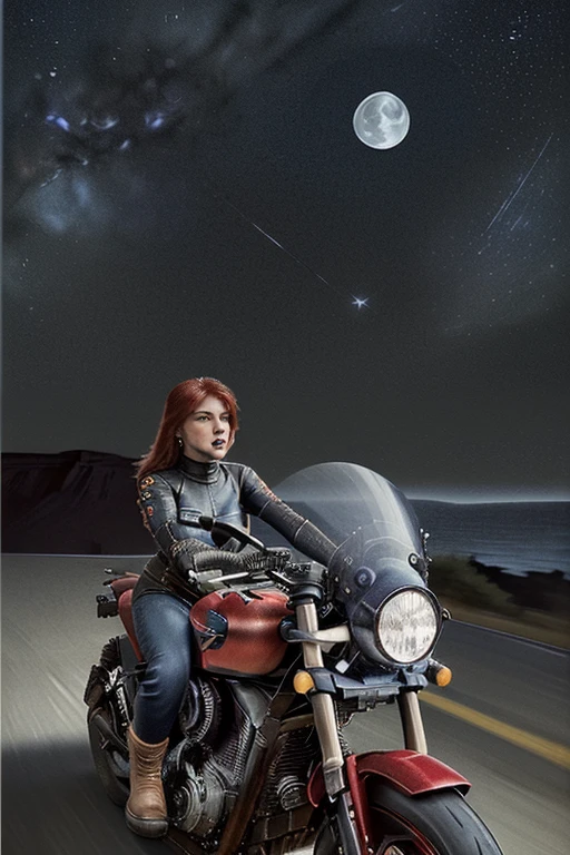 (masterpiece), (Best quality), (best detail), (distant general view), (postage stamp),(main color illustration: bright rich red), (secondary color: lapis lazuli), red motorcycle Cafe Racer, controlled by a woman with a defiant attitude, very detailed chassis, futuristic western landscape, night (many stars, moon), shading (detailed, great contrast), Very saturated colors of the pulp