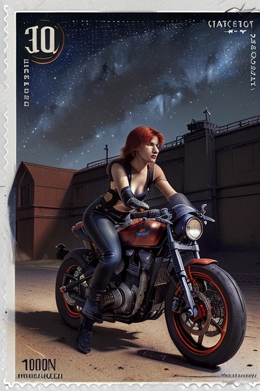 (masterpiece), (Best quality), (best detail), (distant general view), (postage stamp),(main color illustration: bright rich red), (secondary color: lapis lazuli), red motorcycle Cafe Racer, controlled by a woman with a defiant attitude, very detailed chassis, futuristic western landscape, night (many stars, moon), shading (detailed, great contrast), Very saturated colors of the pulp