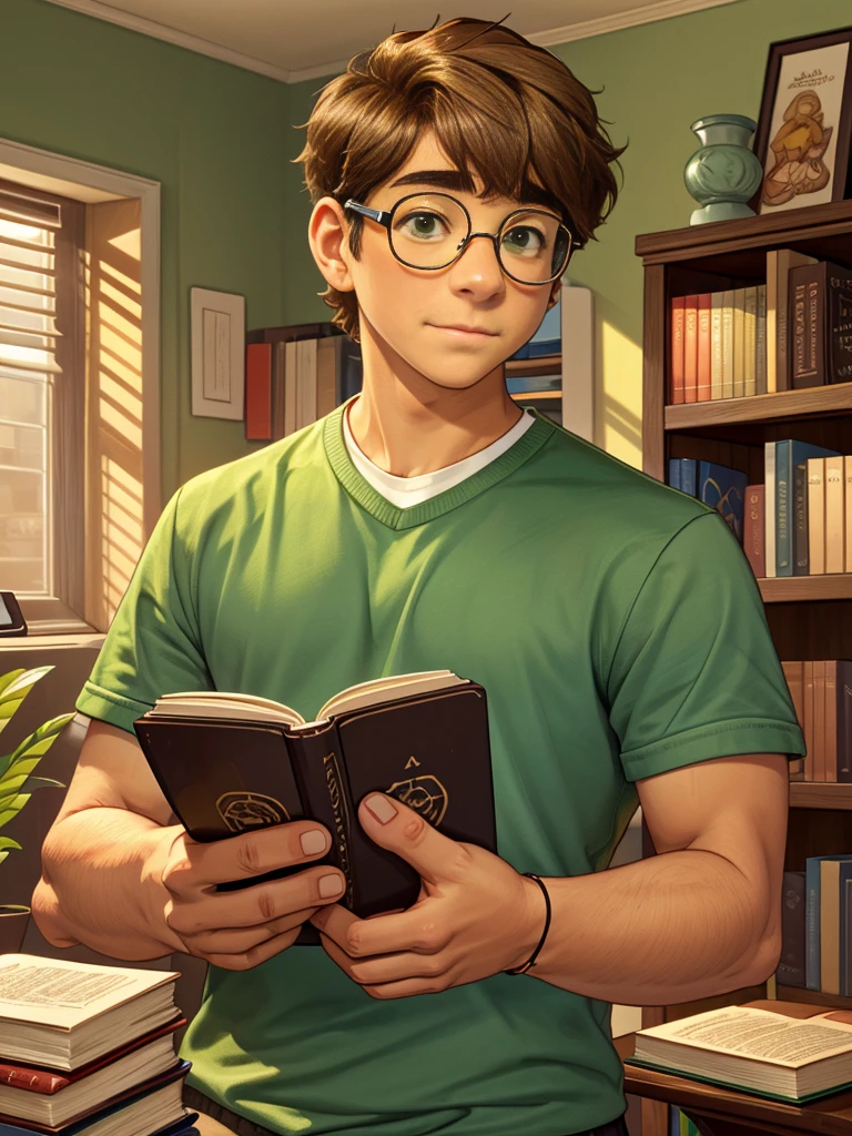 Cute, nerdy boy, brown hair, delicate face, beautiful face, shy squeezing and flushed cheeks, green eyes, delicate mouth, delicate body. He's wearing round glasses, nerdy clothes, holding books. Scene, teenager's room.