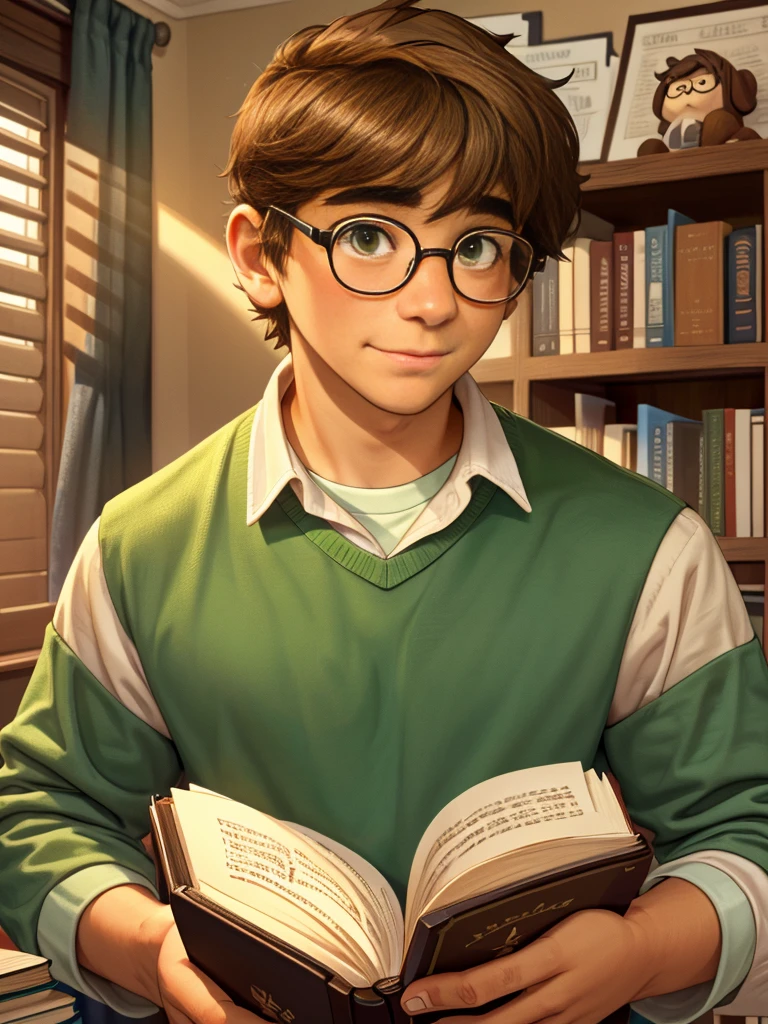 Cute, nerdy boy, brown hair, delicate face, beautiful face, shy squeezing and flushed cheeks, green eyes, delicate mouth, delicate body. He's wearing round glasses, nerdy clothes, holding books. Scene, 's room.