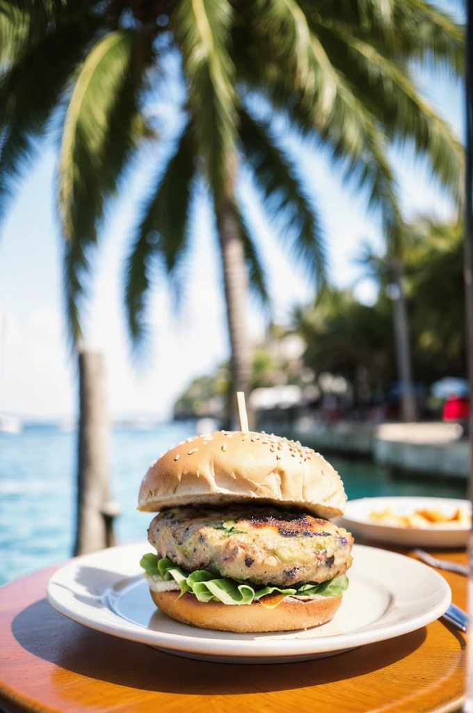 Photo of a Beautiful chicken burger on a plate under the palm trees at the beach, high aperture , Summer, film grain, Ilford HP5, 85mm