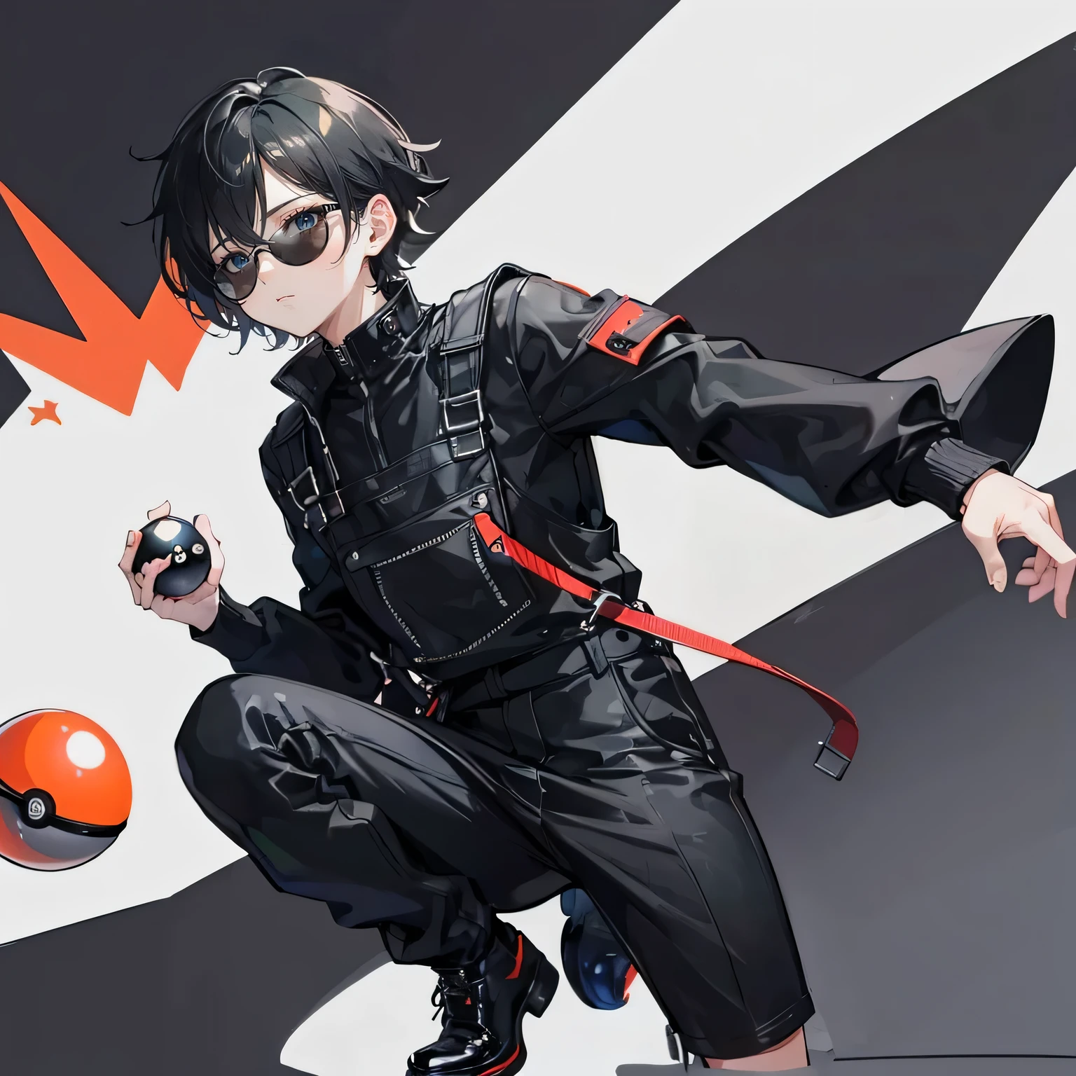 masterpiece, highest quality, High resolution, Black short hair,boy,Wearing sunglasses,Overalls,Black jacket,Black boots,whole body,Mini Dragon(Have a Poke_ball), poke ball \(Basic\),