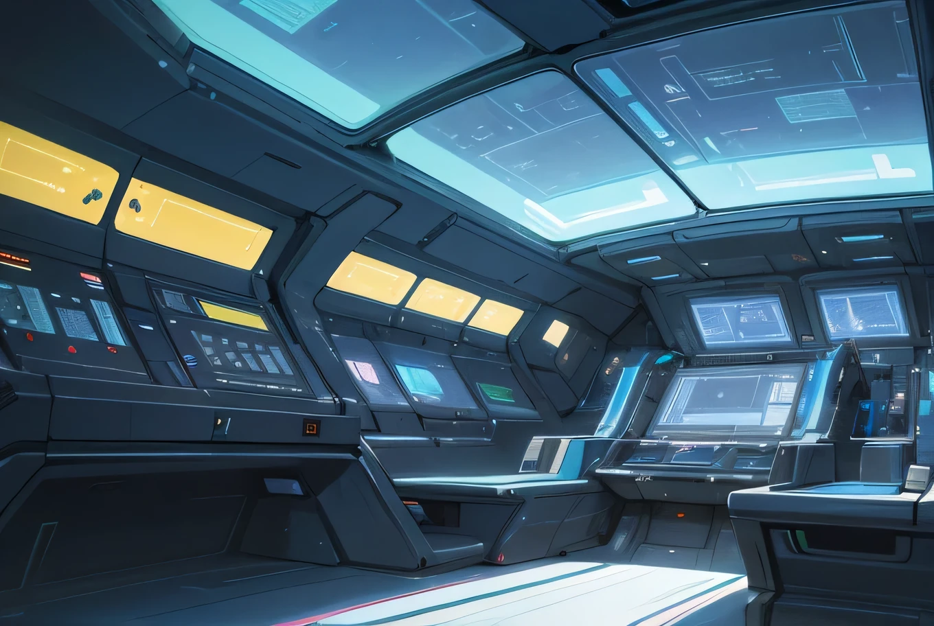 interior spaceship landscape, futuristic spaceship interior, advanced technology, complex control panels, glowing holograms, metallic surfaces, intricate machinery,  masterpiece, vibrant colors, dramatic shadows, advanced technology, complex control panels, glowing holograms