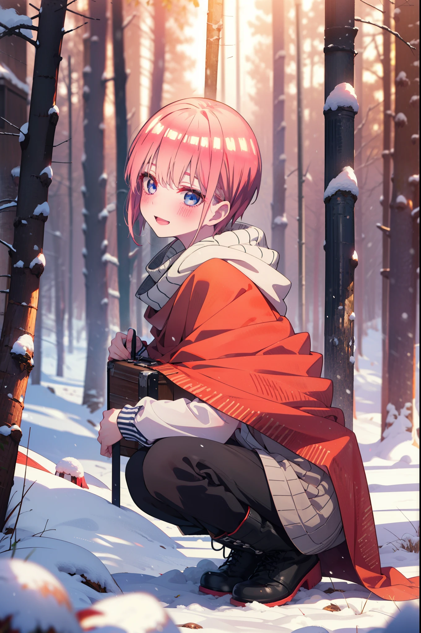 ichikanakano, ichika nakano, short hair, bangs, blue eyes, Hair between the eyes, smile,Pink Hair,smile,blush,White Breath,
Open your mouth,snow,Ground bonfire, Outdoor, boots, snowing, From the side, wood, suitcase, Cape, Blurred, Increase your meals, forest, White handbag, nature,  Squat, Mouth closed, フードed Cape, winter, Written boundary depth, Black shoes, red Cape break looking at viewer, Upper Body, whole body, break Outdoor, forest, nature, break (masterpiece:1.2), highest quality, High resolution, unity 8k wallpaper, (shape:0.8), (Beautiful and beautiful eyes:1.6), Highly detailed face, Perfect lighting, Extremely detailed CG, (Perfect hands, Perfect Anatomy),