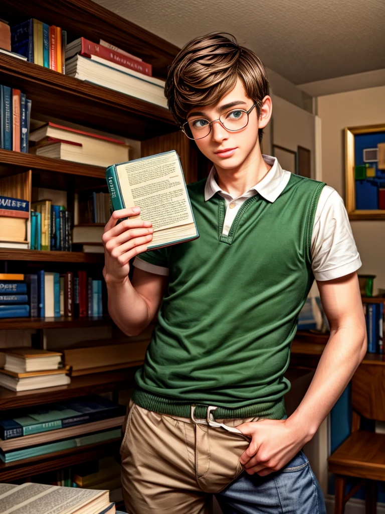 Cute, nerdy boy, brown hair, delicate face, beautiful face, shy squeezing and flushed cheeks, green eyes, delicate mouth, delicate body. He's wearing round glasses, nerdy clothes, holding books. Scene, 's room.