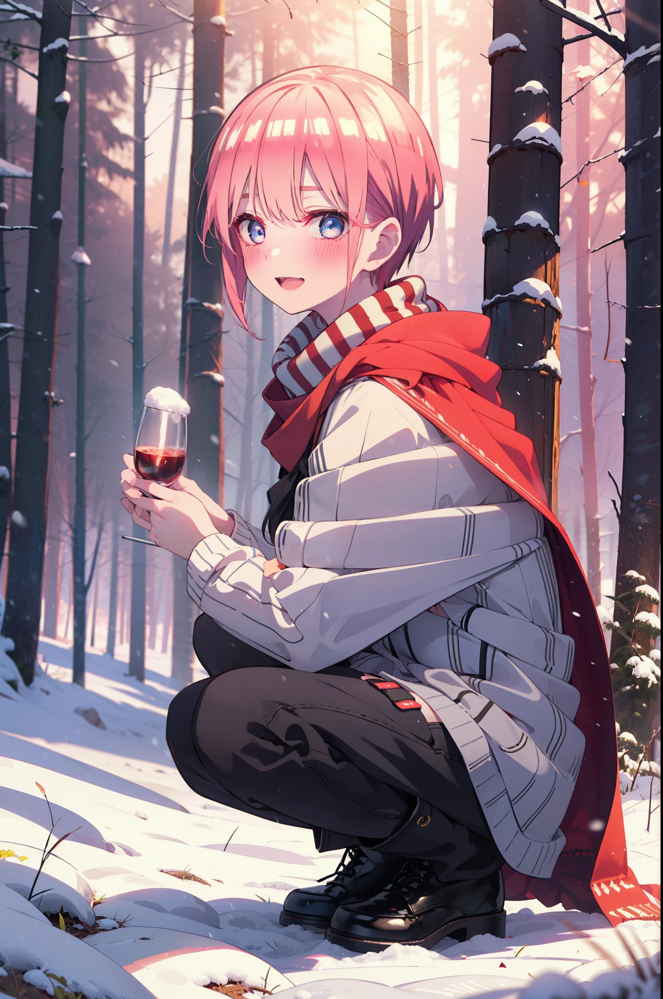 ichikanakano, ichika nakano, short hair, bangs, blue eyes, Hair between the eyes, smile,Pink Hair,smile,blush,White Breath,
Open your mouth,snow,Ground bonfire, Outdoor, boots, snowing, From the side, wood, suitcase, Cape, Blurred, Increase your meals, forest, White handbag, nature,  Squat, Mouth closed, フードed Cape, winter, Written boundary depth, Black shoes, red Cape break looking at viewer, Upper Body, whole body, break Outdoor, forest, nature, break (masterpiece:1.2), highest quality, High resolution, unity 8k wallpaper, (shape:0.8), (Beautiful and beautiful eyes:1.6), Highly detailed face, Perfect lighting, Extremely detailed CG, (Perfect hands, Perfect Anatomy),