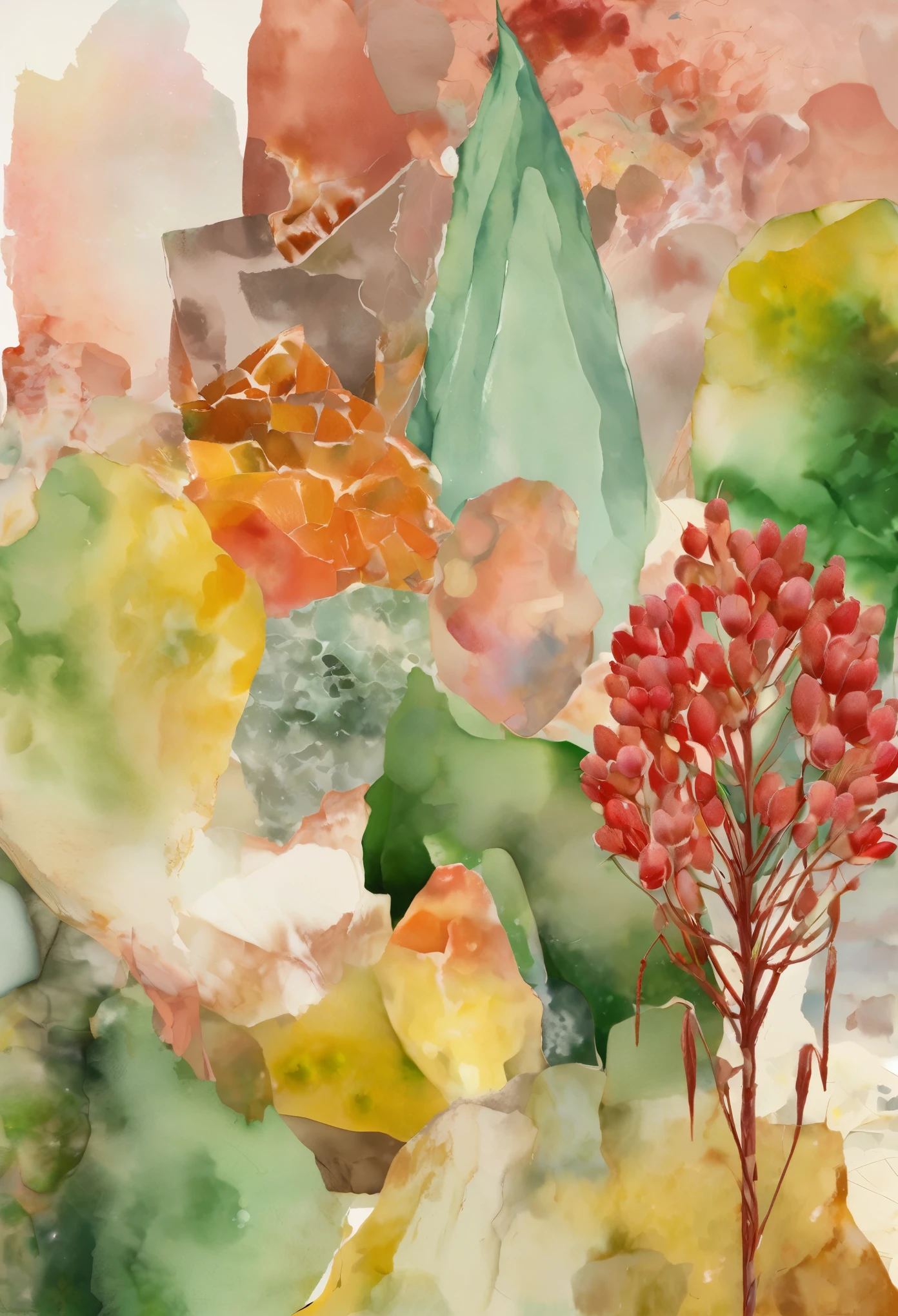 n paintings have sorghum,Sorghum candy， Soft and dreamy style, Light red, Yellow and green, Weird collage, Crystals and geological forms, Soft and rough watercolor, Digital Collage, Secluded setting 