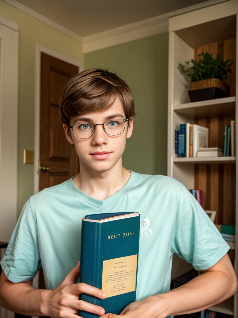 Cute, nerdy boy, brown hair, delicate face, beautiful face, shy squeezing and flushed cheeks, green eyes, delicate mouth, delicate body. He's wearing round glasses, nerdy clothes, holding books. Scene, 's room.