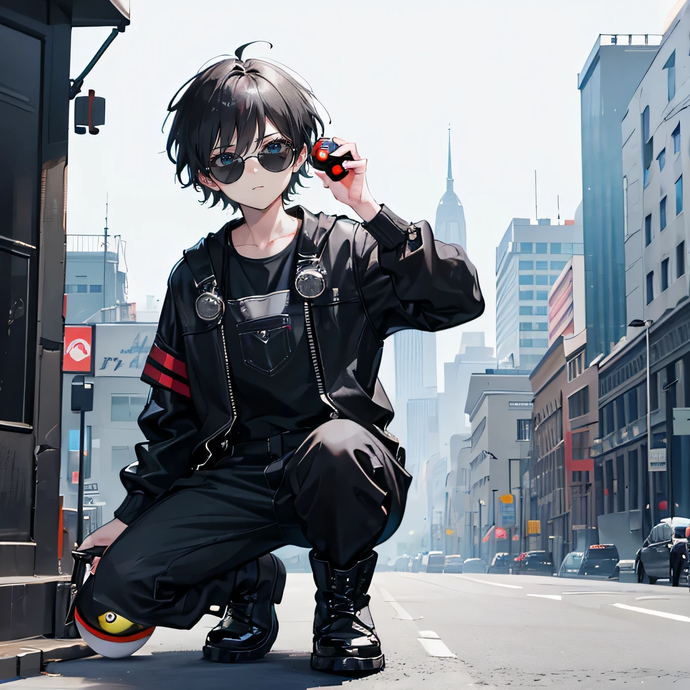 masterpiece, highest quality, High resolution, Black short hair,boy，Wearing sunglasses，Overalls，Black jacket，Black boots，whole body，Mini Dragon(Have a Poke_ball), poke ball \(Basic\),
