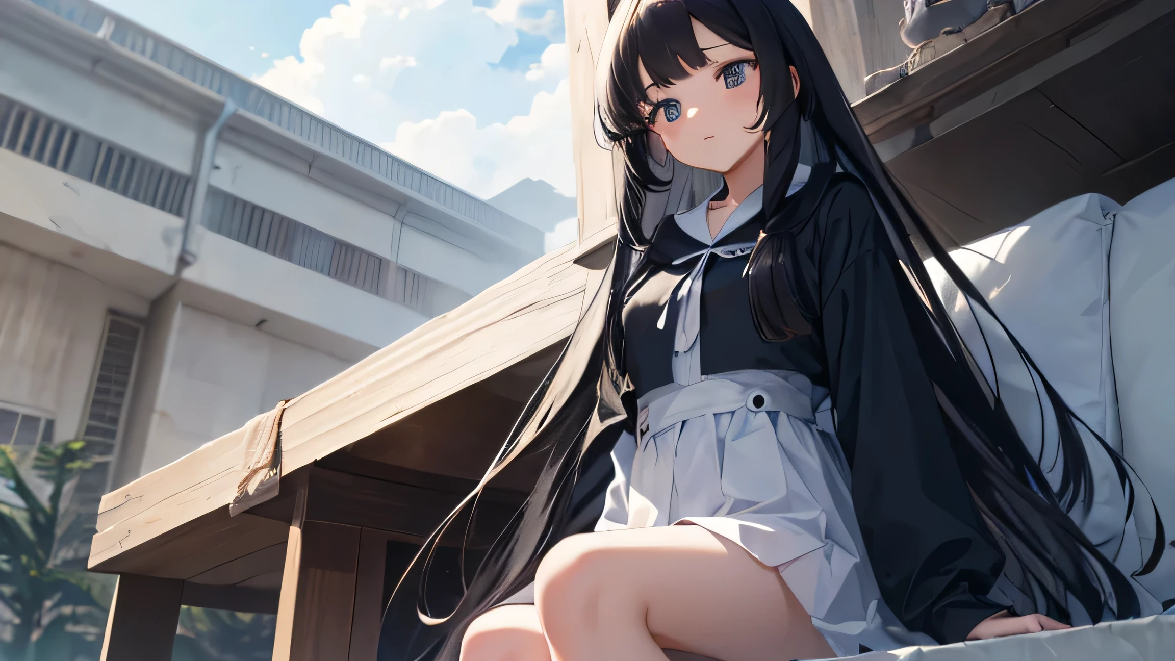 ,((nsfw:2.0)),(All-black overcoat),((A girl with long, dark hair))、(Beautiful blue eyes),(hair over one eye)、(cute),(Moe sleeves),black tights、(Beautiful night sky)、((Sweaty)),((showing panties)),(Embarrassed)