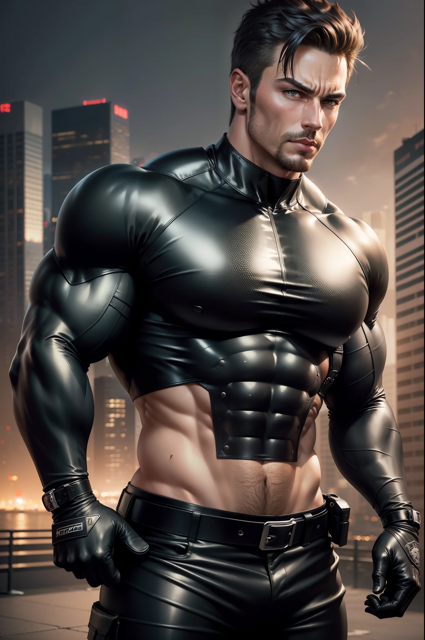 Allard man in gray, black and white clothes kneeling in the desolate ruins, muscle male hero, Buzz Cut, heroic male pose, tall and burly, muscular! Wearing black sunglasses, cyberpunk, stealth suit, symmetrical floral texture design, super buff and cool, high resolution committee, character design police, black military boots, charismatic strong male with armor
